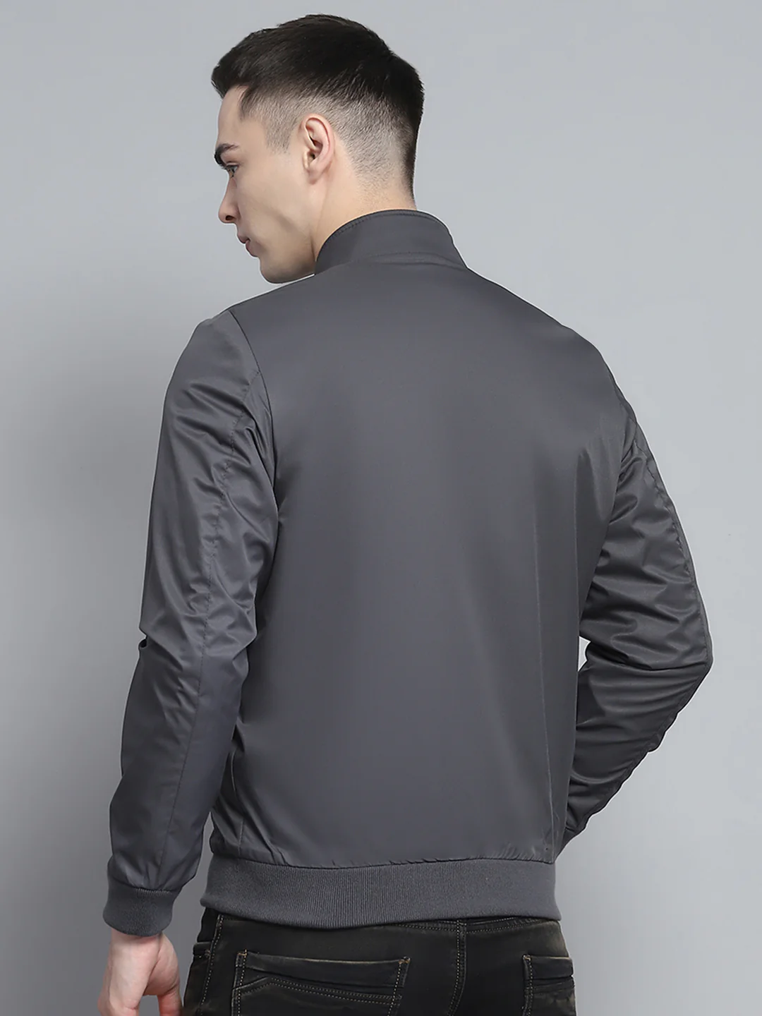 Men Grey Solid Mock Neck Full Sleeve Reversible Jacket - Image 9