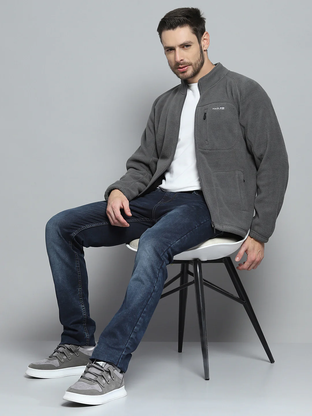 Rock.it Men Grey Solid Mock Neck Full Sleeve Sweatshirt - Image 2