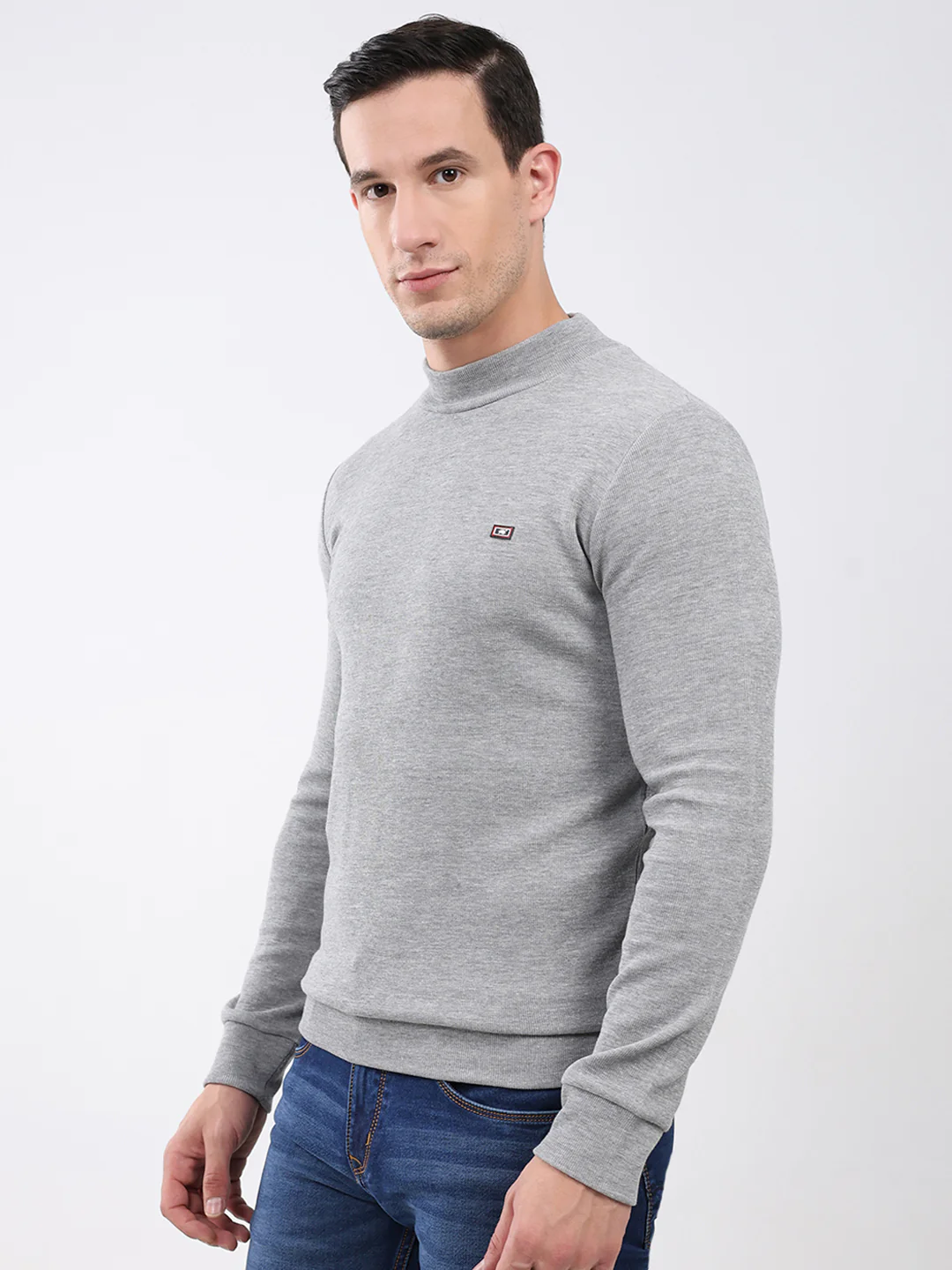 Men Grey Solid Mock Neck Full Sleeve Winter T-Shirt - Image 3