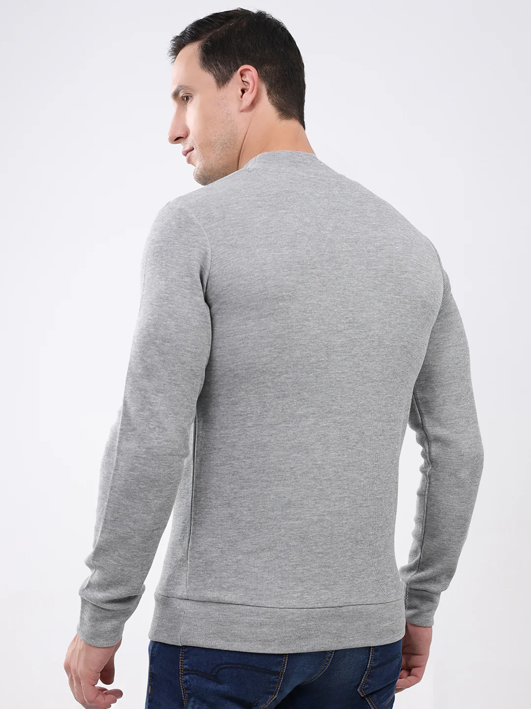 Men Grey Solid Mock Neck Full Sleeve Winter T-Shirt - Image 5