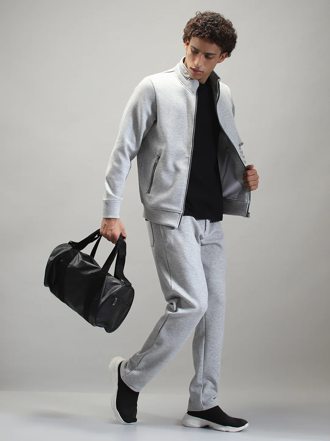 Men Grey Solid Mock Neck Full Sleeve Winter Tracksuit - Image 2