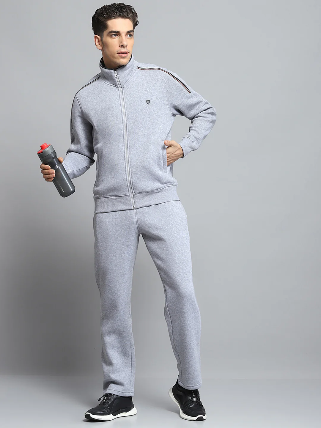 Men Grey Solid Mock Neck Full Sleeve Winter Tracksuit - Image 2