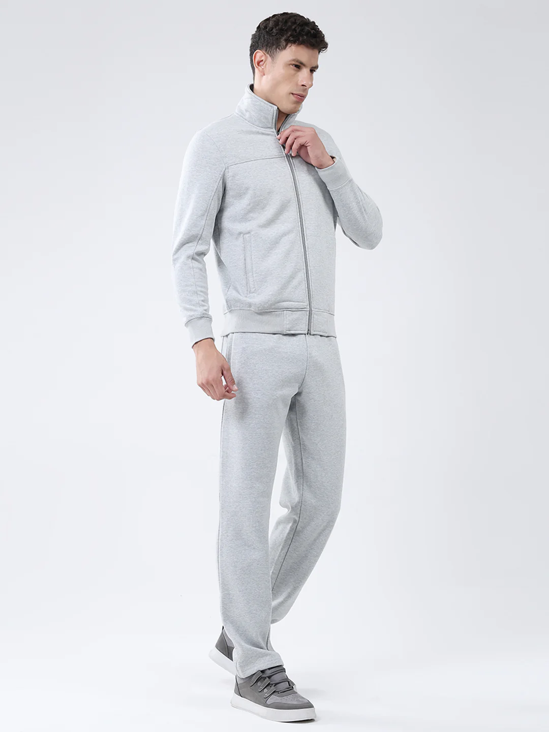 Men Grey Solid Mock Neck Full Sleeve Winter Tracksuit - Image 4