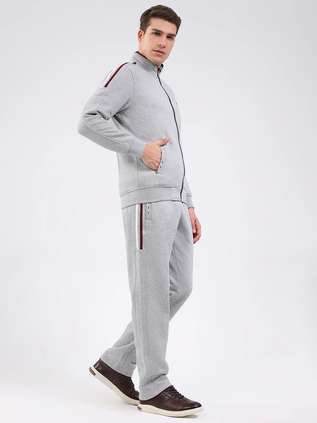 Men Grey Solid Mock Neck Full Sleeve Winter Tracksuit - Image 4