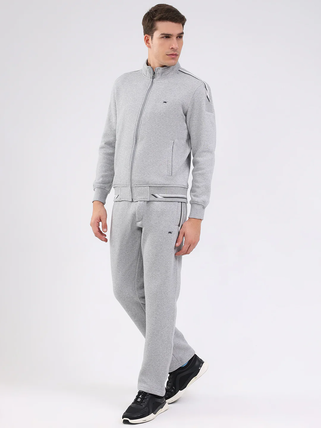 Men Grey Solid Mock Neck Full Sleeve Winter Tracksuit - Image 3