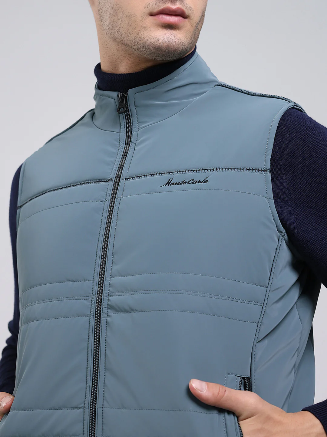 Men Grey Solid Mock Neck Sleeveless Jacket - Image 6