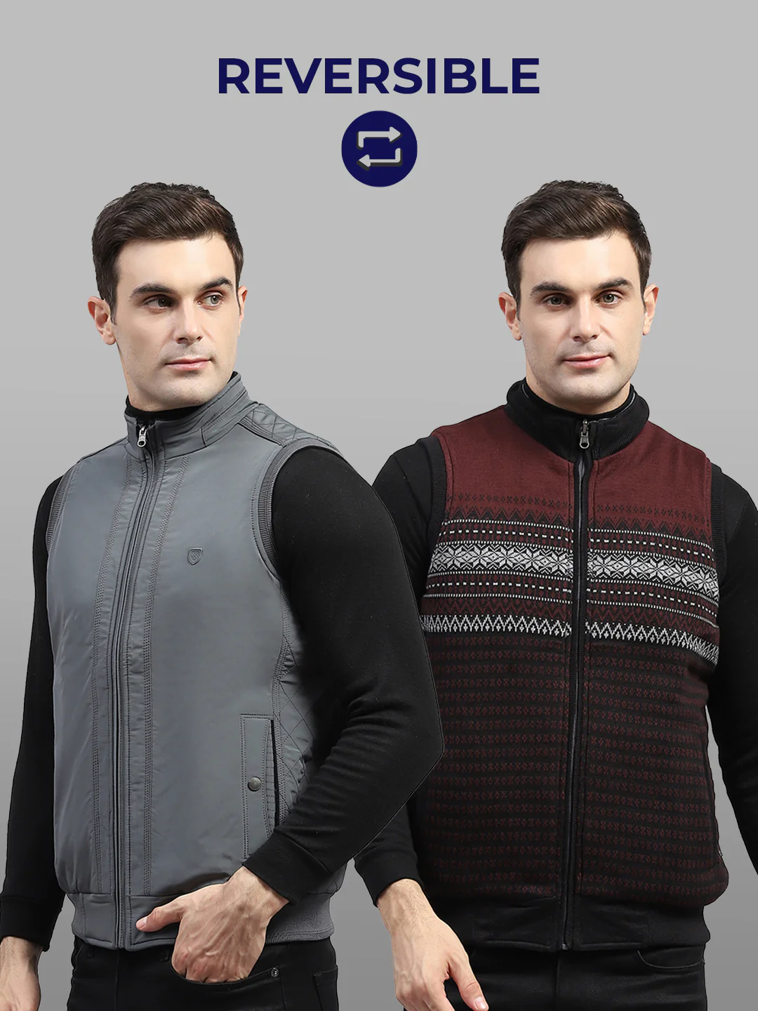 Men Grey Solid Mock Neck Sleeveless Reversible Jacket - Image 2