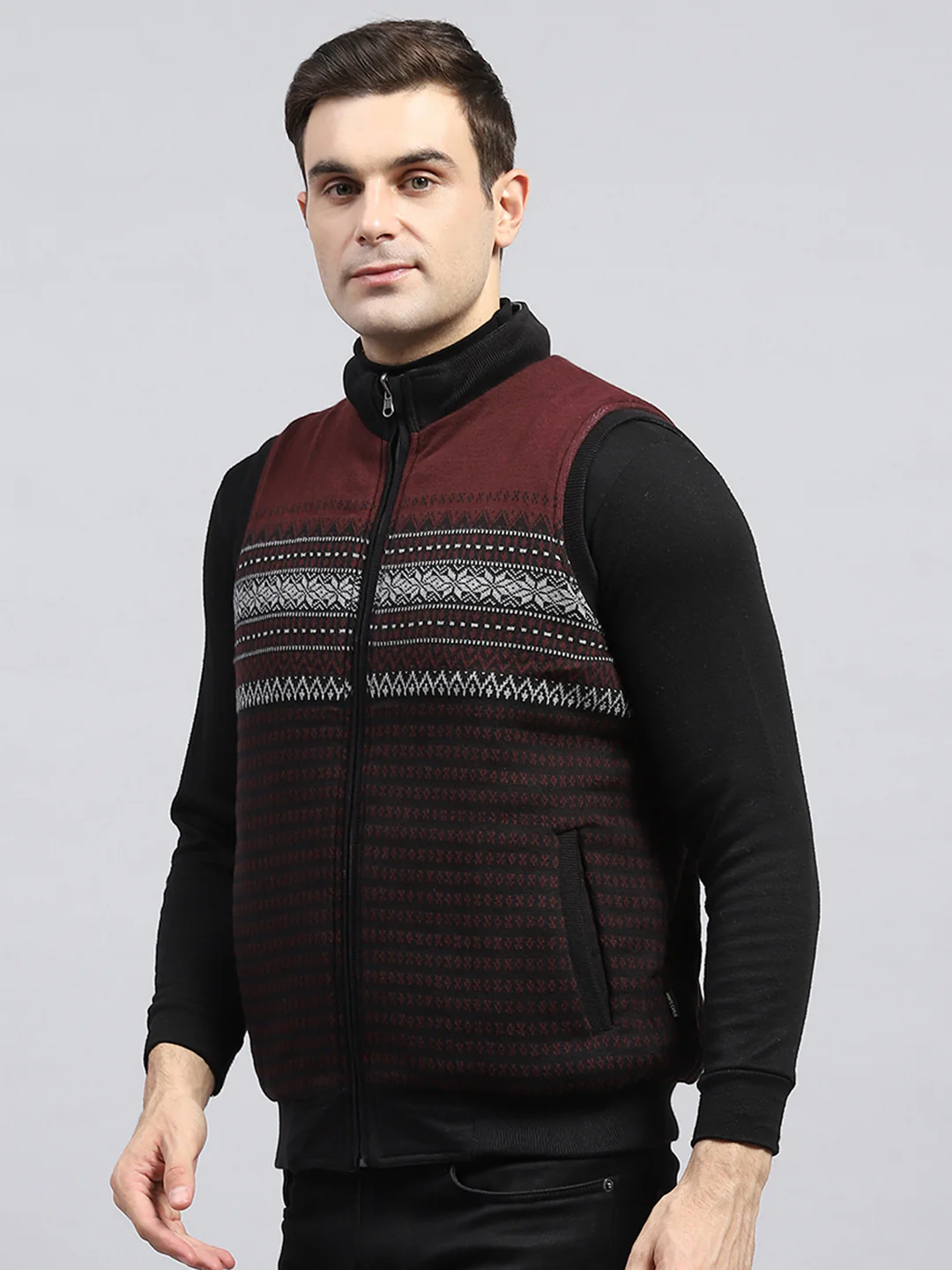 Men Grey Solid Mock Neck Sleeveless Reversible Jacket - Image 9