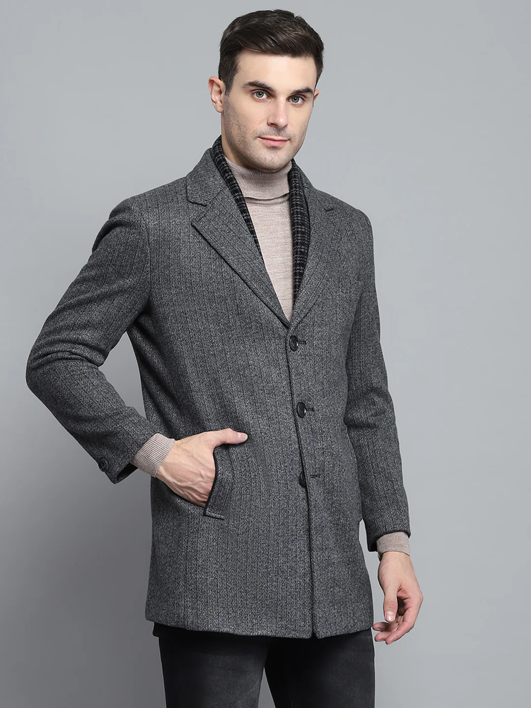 Men Grey Solid Notch lapel Collar Full Sleeve Coat - Image 4