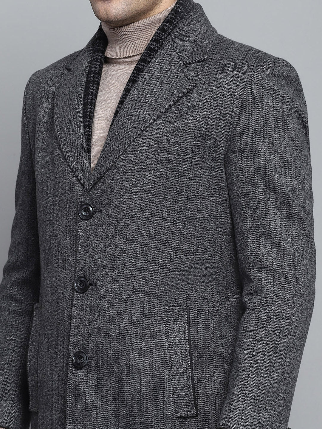 Men Grey Solid Notch lapel Collar Full Sleeve Coat - Image 7