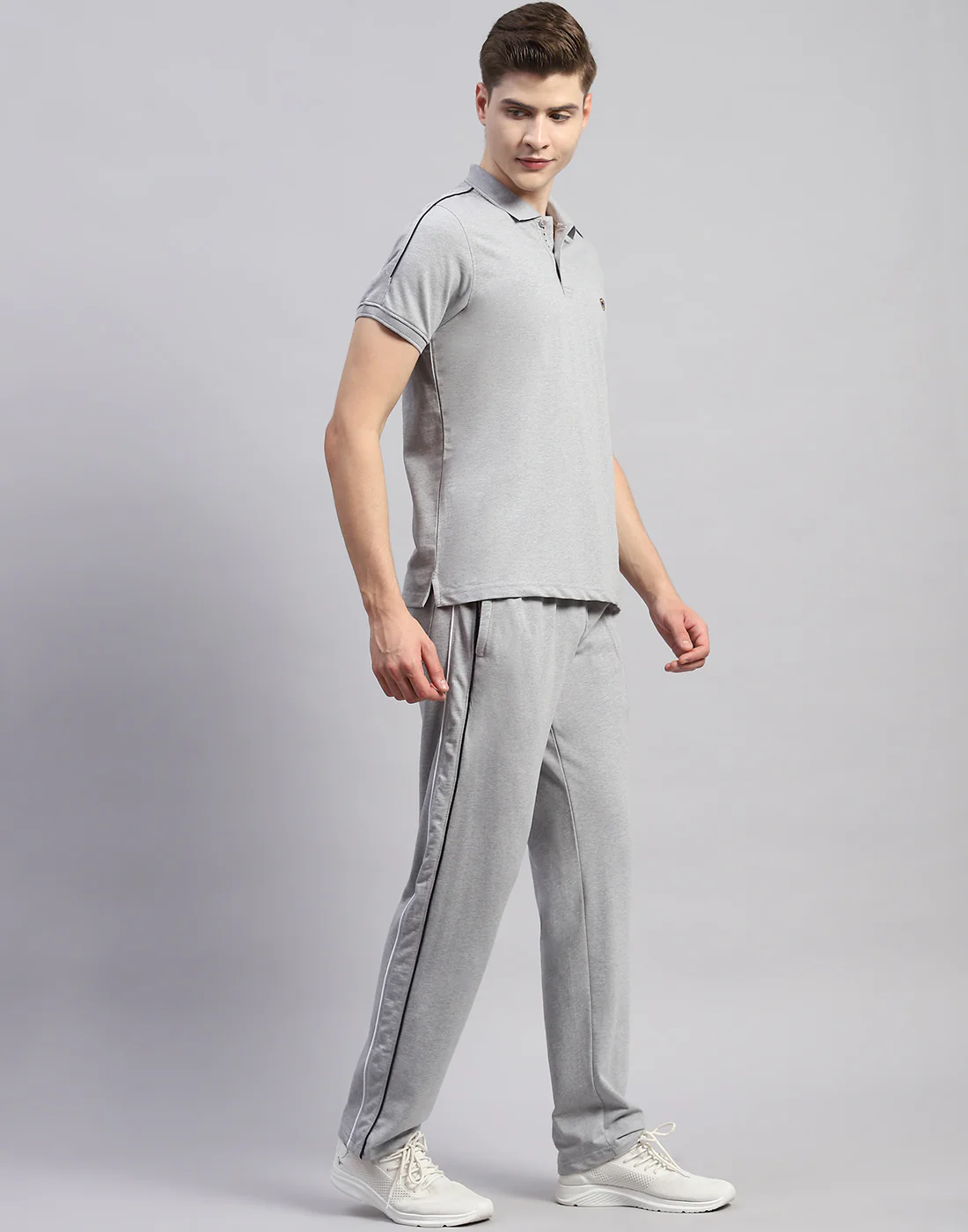 Men Grey Solid Polo Collar Half Sleeve Lower Set - Image 4