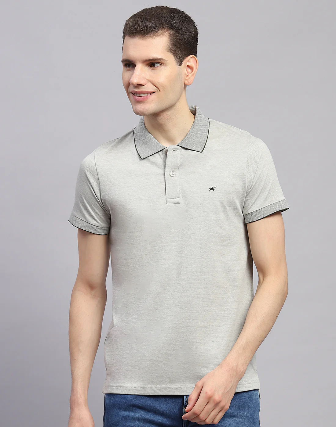 Men Grey Solid Polo Collar Half Sleeve T-Shirt - Image 6