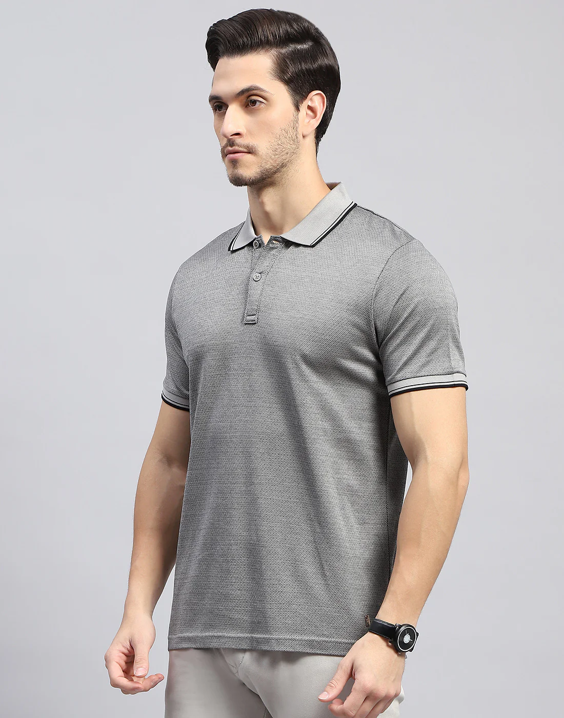 Men Grey Solid Polo Collar Half Sleeve T-Shirt - Image 3
