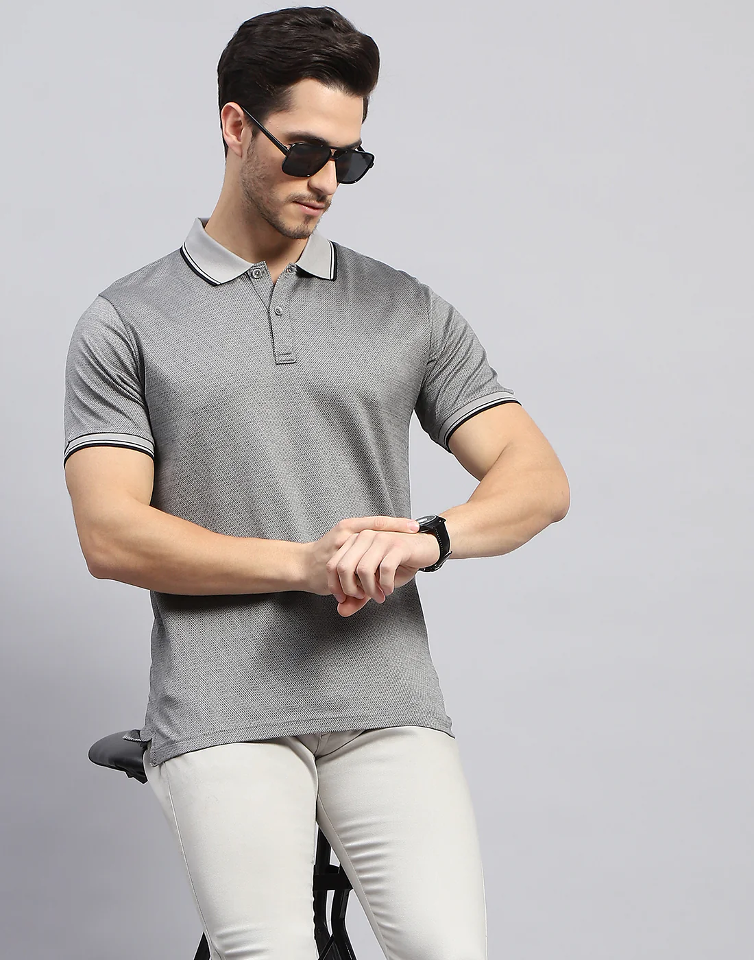 Men Grey Solid Polo Collar Half Sleeve T-Shirt - Image 6