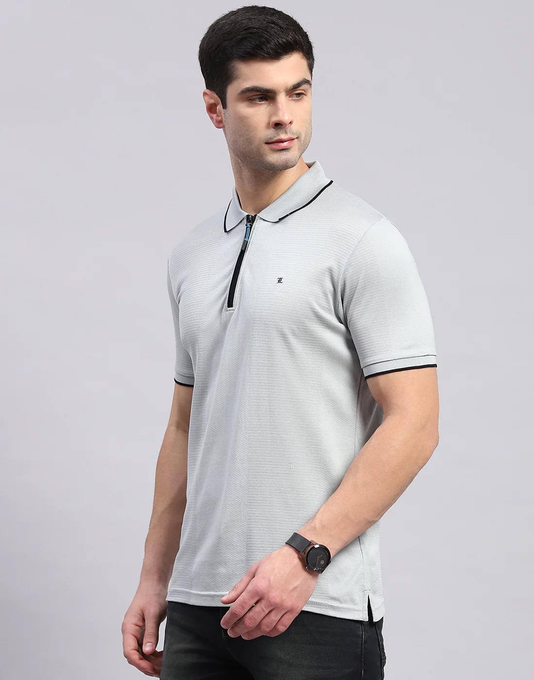Men Grey Solid Polo Collar Half Sleeve T-Shirt - Image 3