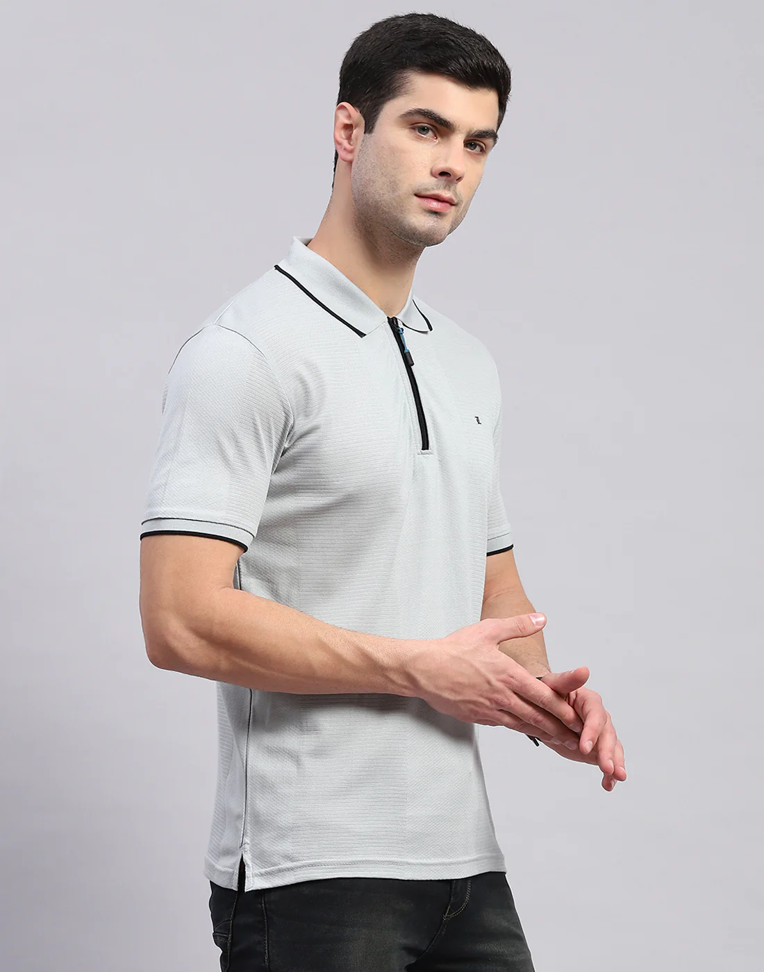 Men Grey Solid Polo Collar Half Sleeve T-Shirt - Image 4