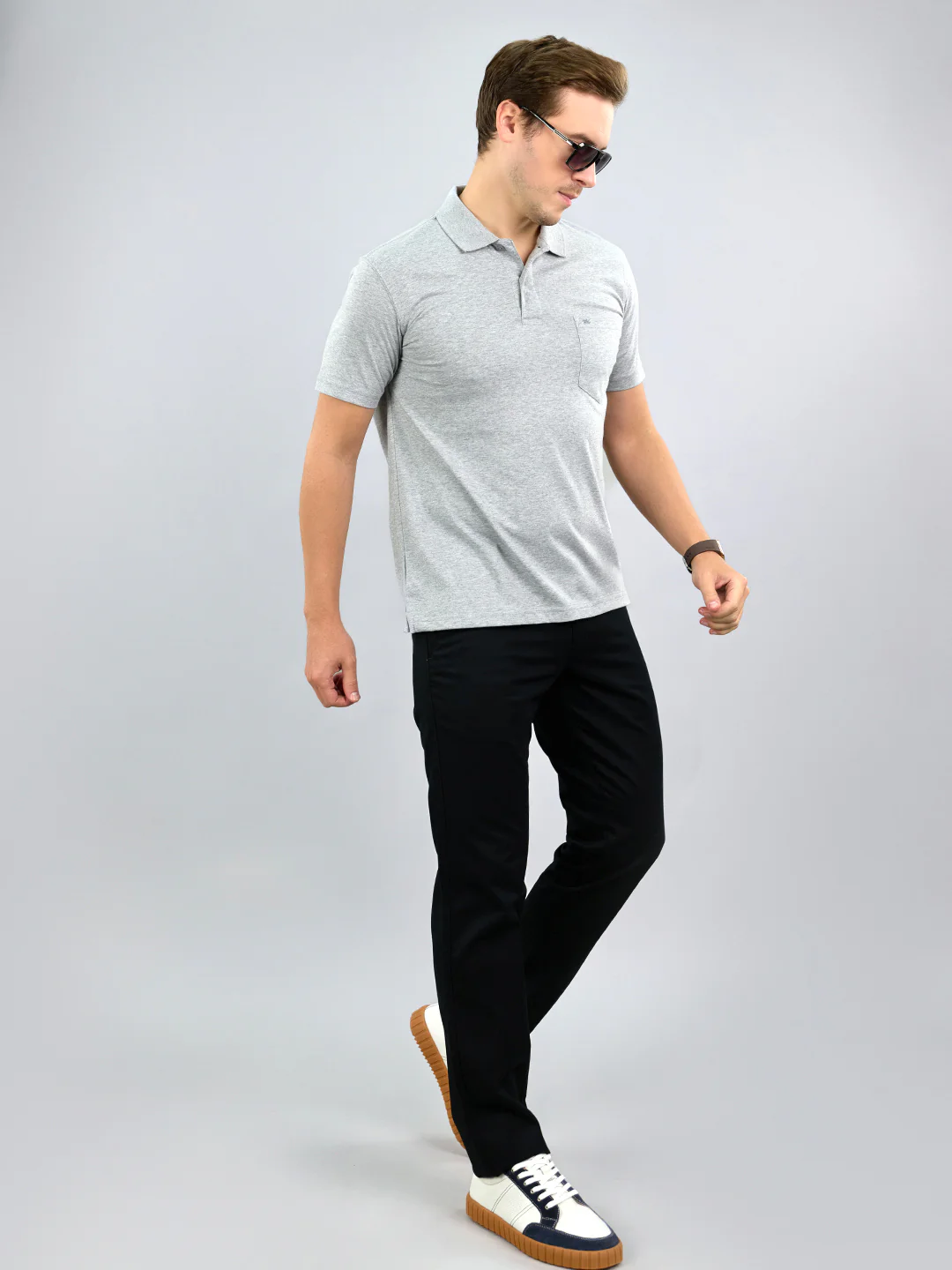 Men Grey Solid Polo Collar Half Sleeve T-Shirt - Image 6