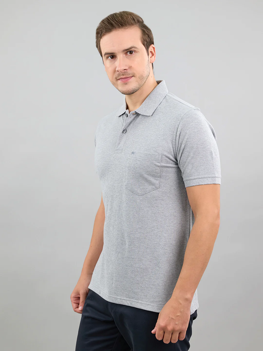 Men Grey Solid Polo Collar Half Sleeve T-Shirt - Image 2