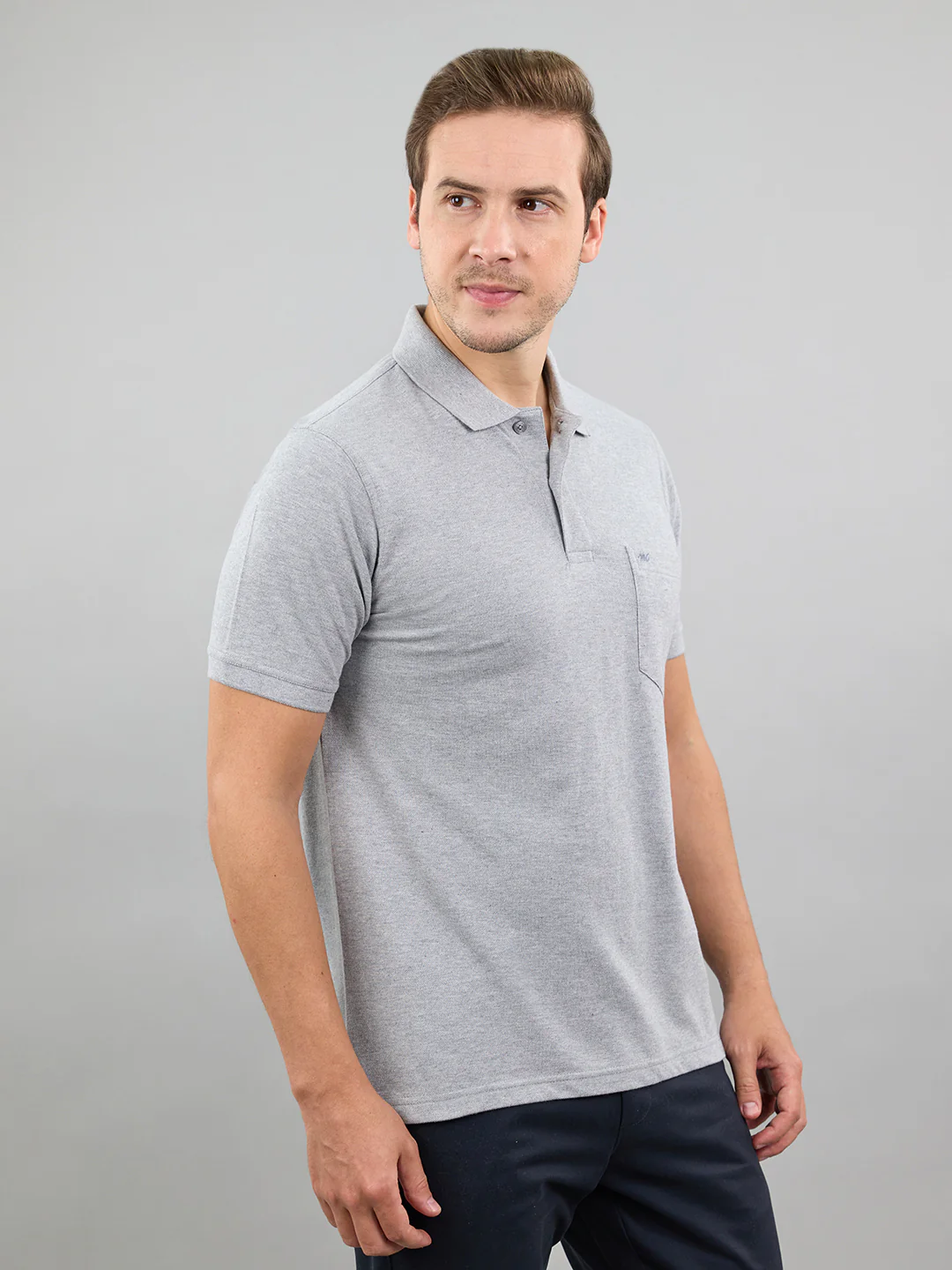 Men Grey Solid Polo Collar Half Sleeve T-Shirt - Image 3