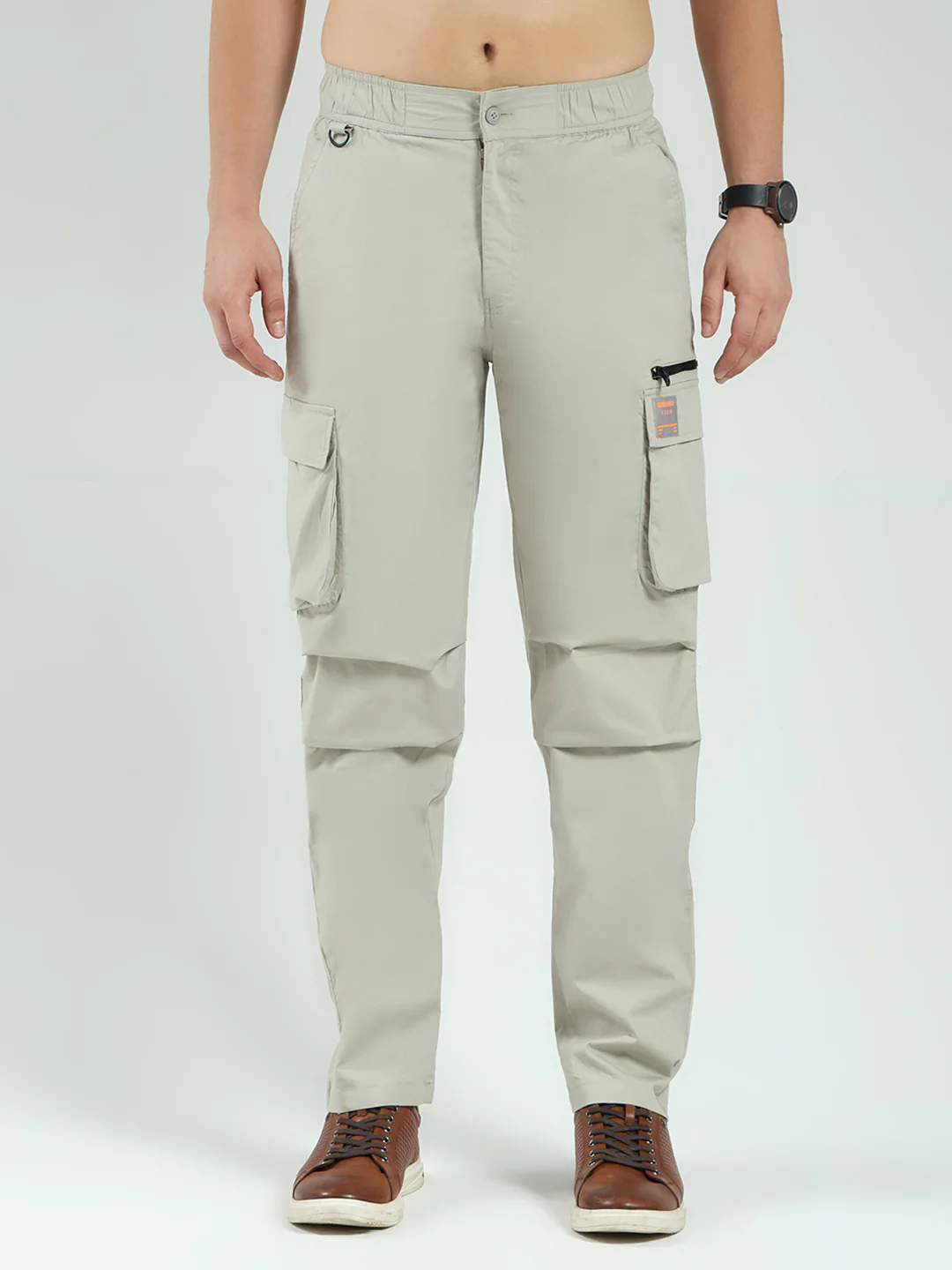 Men Grey Solid Regular Fit Cargo