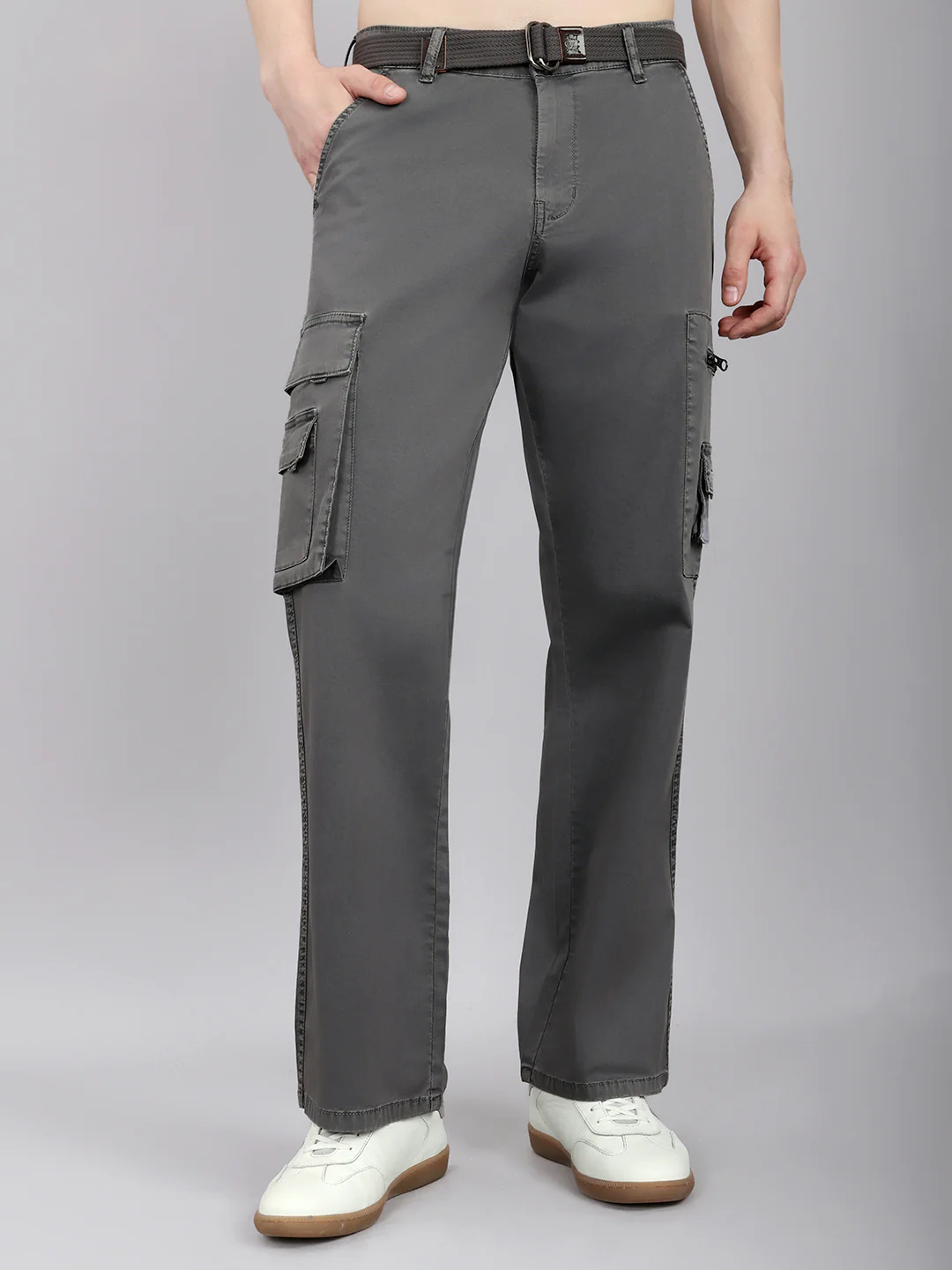 Men Grey Solid Regular Fit Cargo