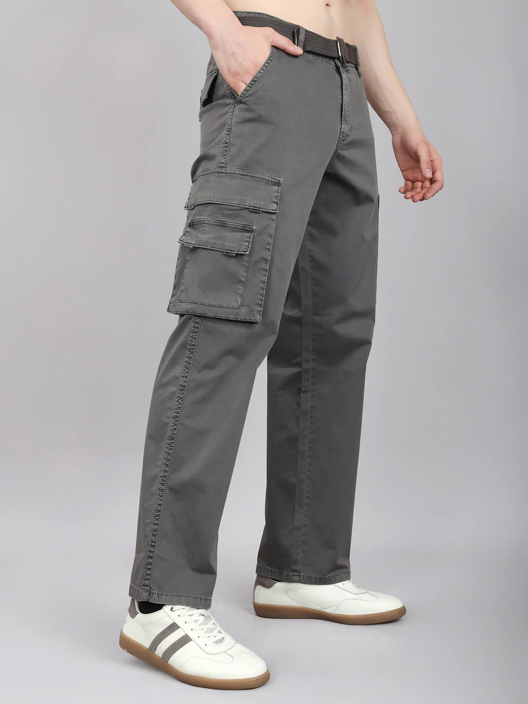 Men Grey Solid Regular Fit Cargo - Image 3