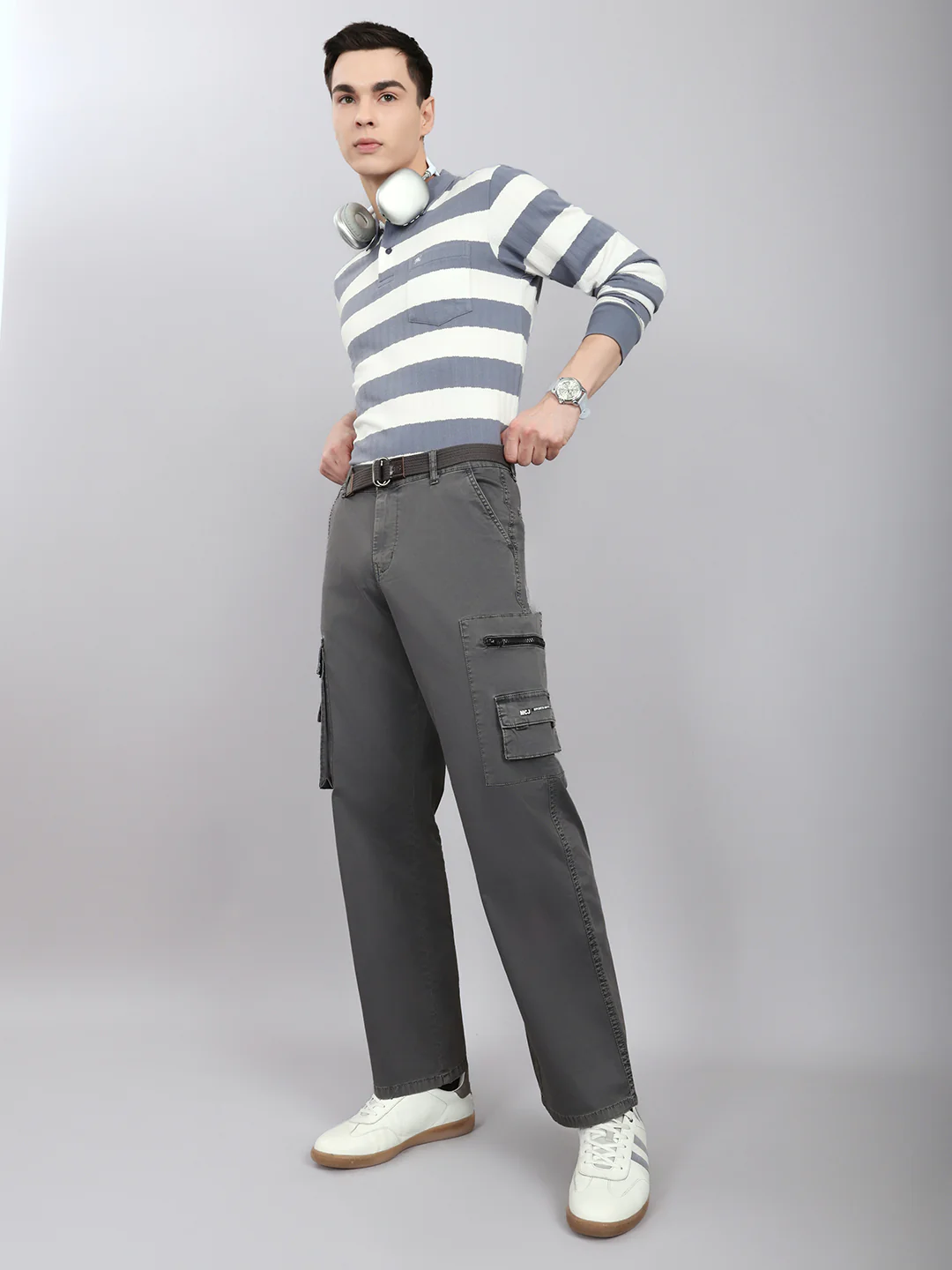 Men Grey Solid Regular Fit Cargo - Image 6
