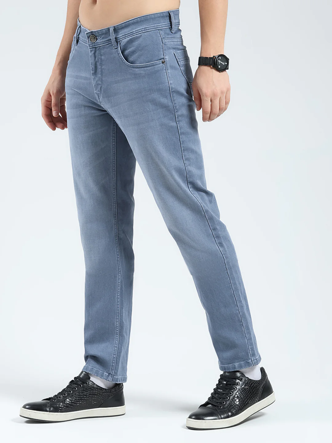 Men Grey Solid Straight Fit Denim - Image 3
