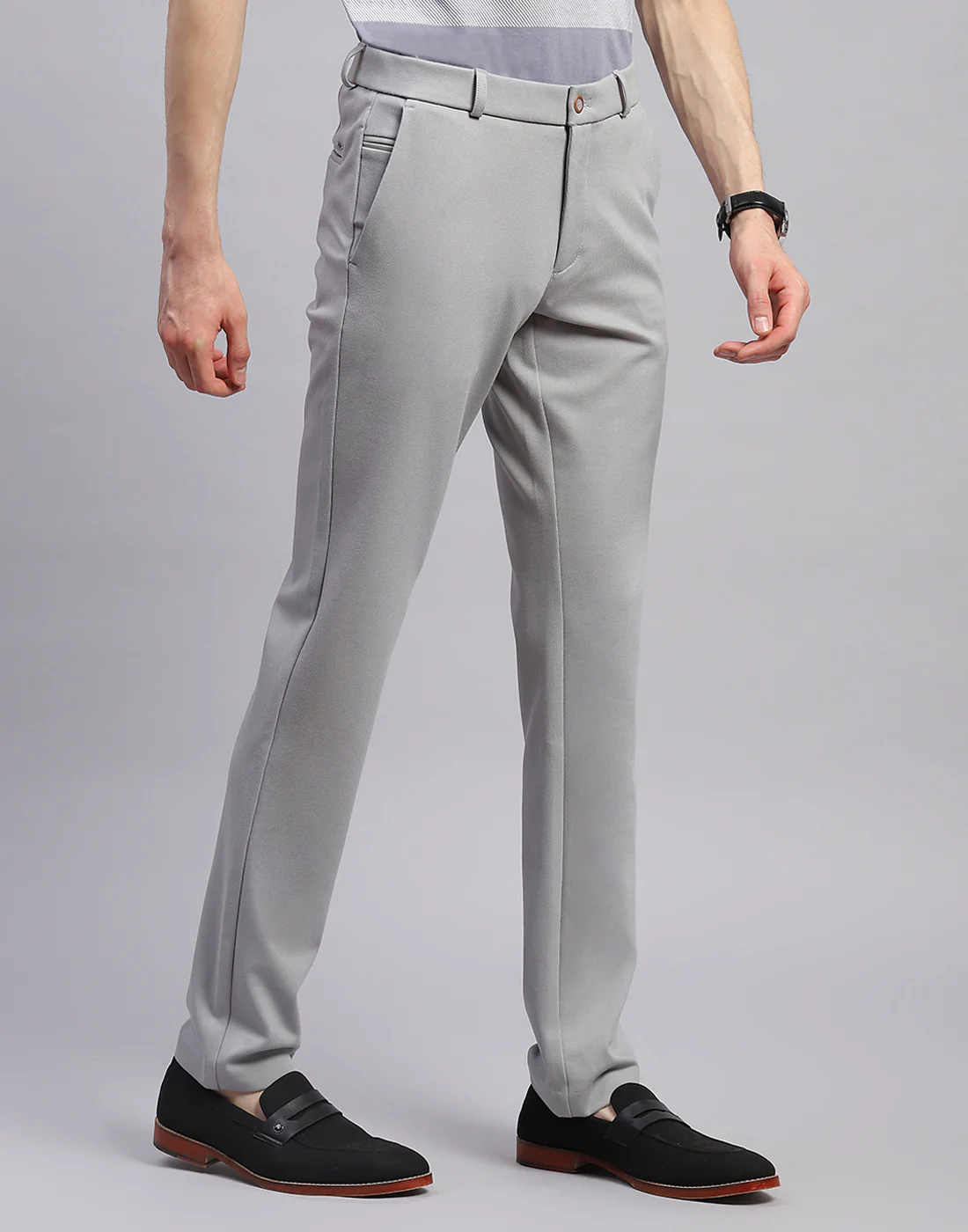 Men Grey Solid Regular Fit Trouser - Image 4