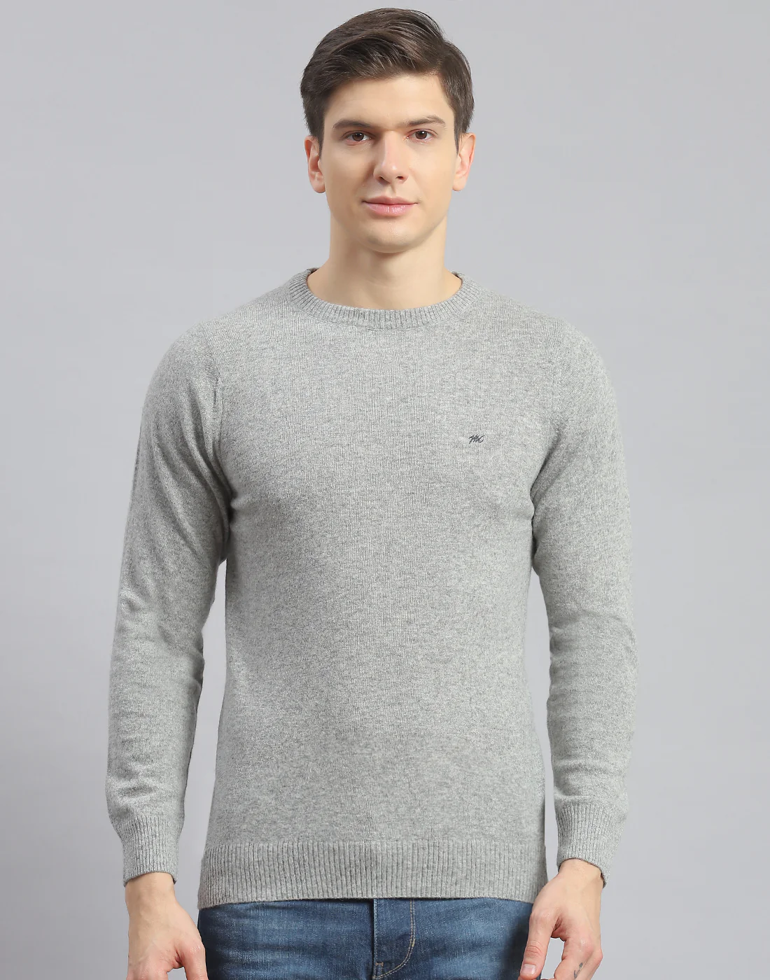 Men Grey Solid Round Neck Full Sleeve Pullover