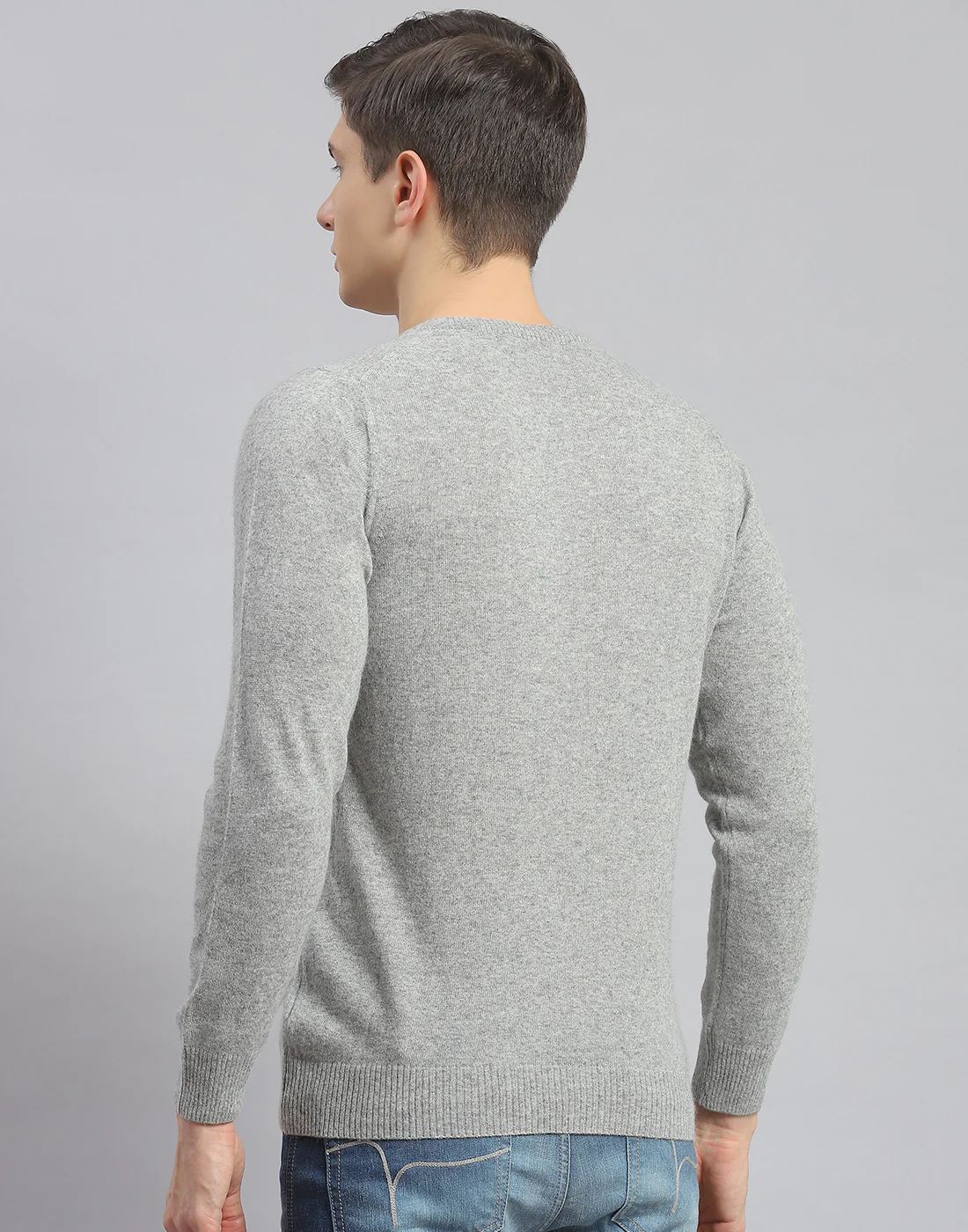 Men Grey Solid Round Neck Full Sleeve Pullover - Image 5