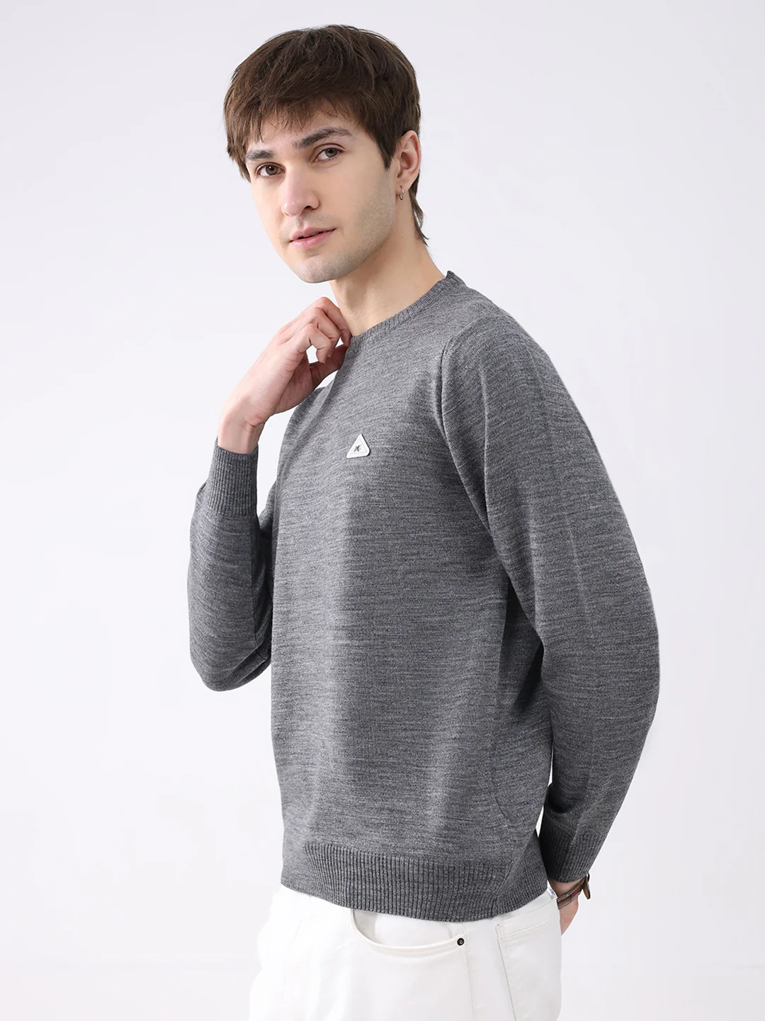 Men Grey Solid Round Neck Full Sleeve Pullover - Image 3