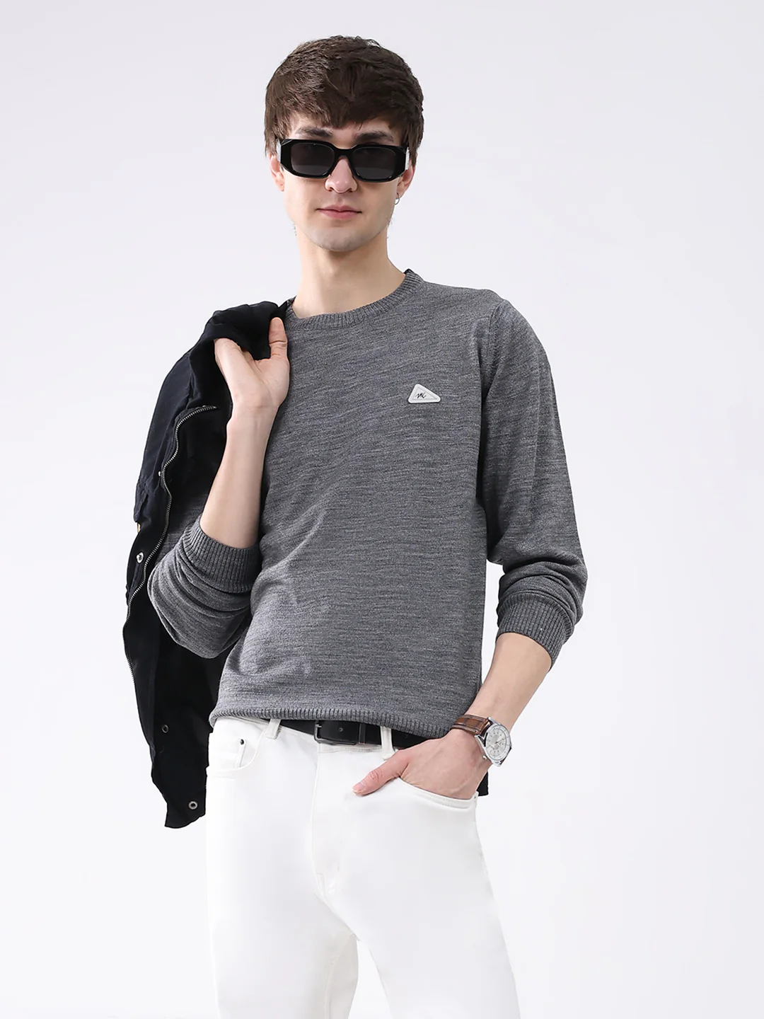 Men Grey Solid Round Neck Full Sleeve Pullover - Image 6
