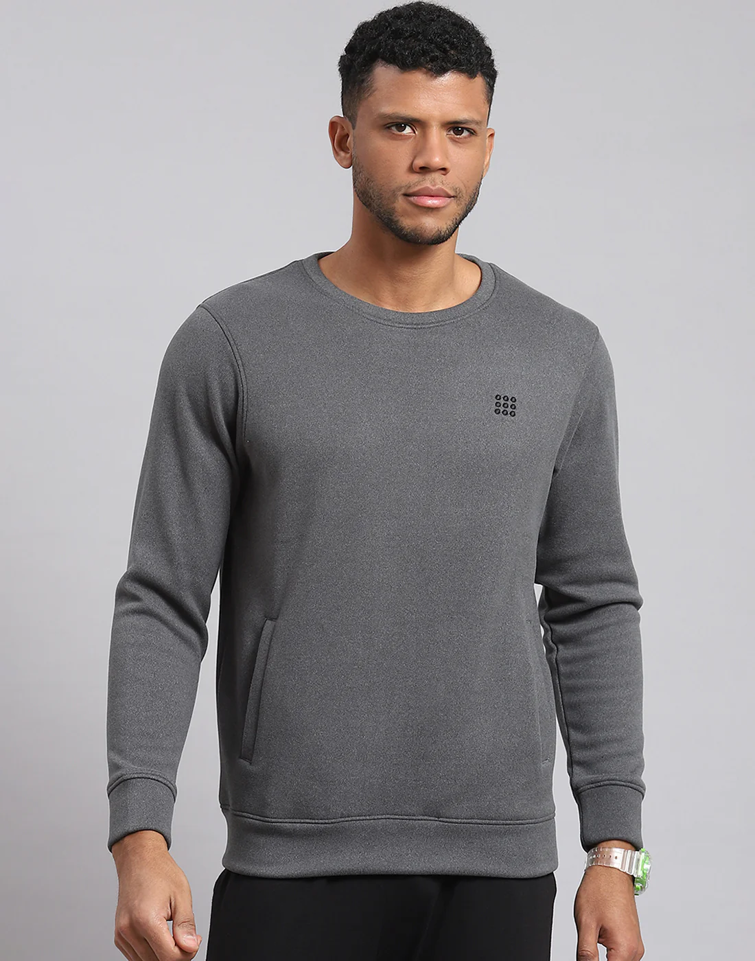 Rock.it Men Grey Solid Round Neck Full Sleeve Sweatshirt - Image 2