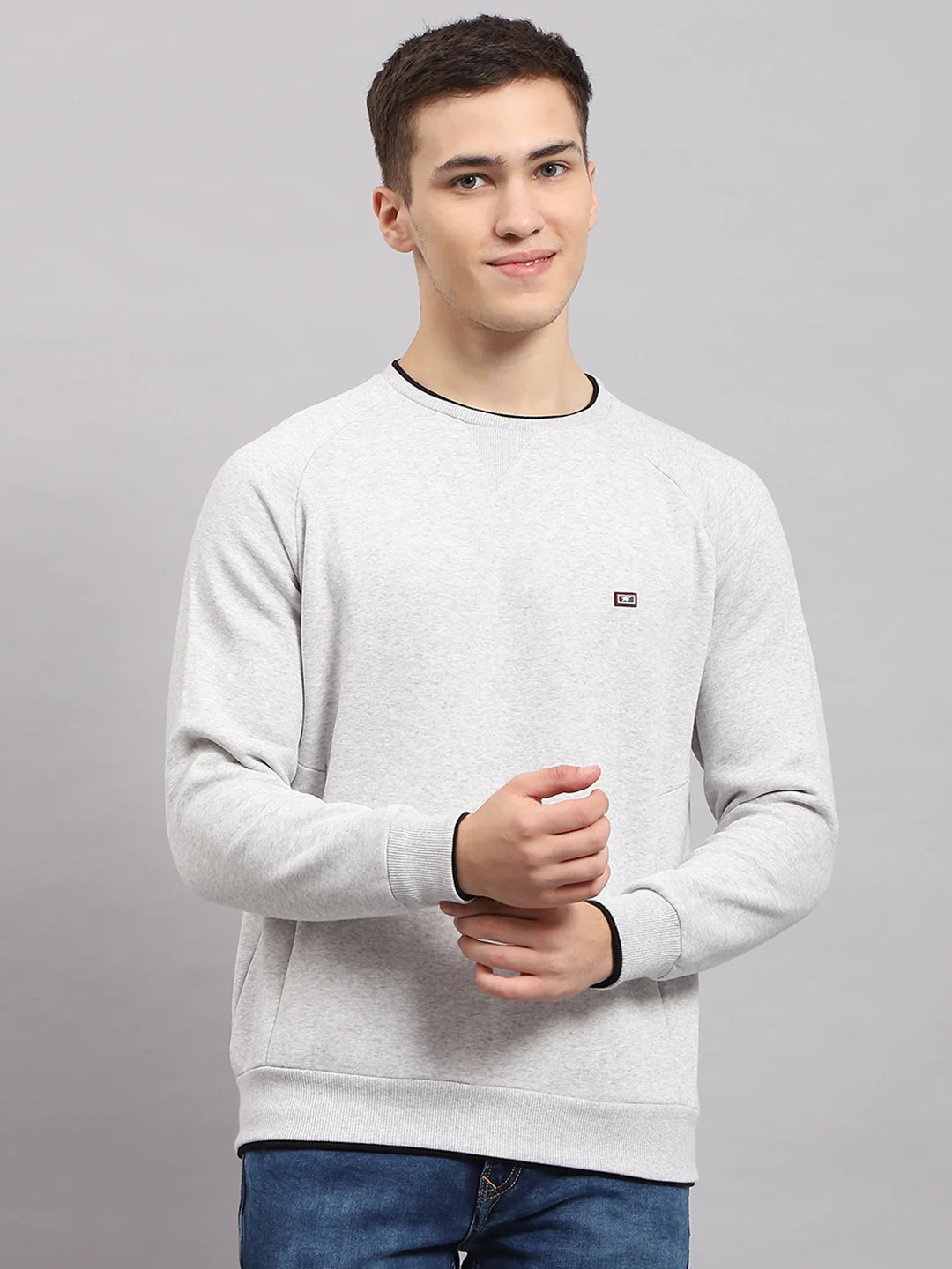Men Grey Solid Round Neck Full Sleeve Sweatshirt - Image 2