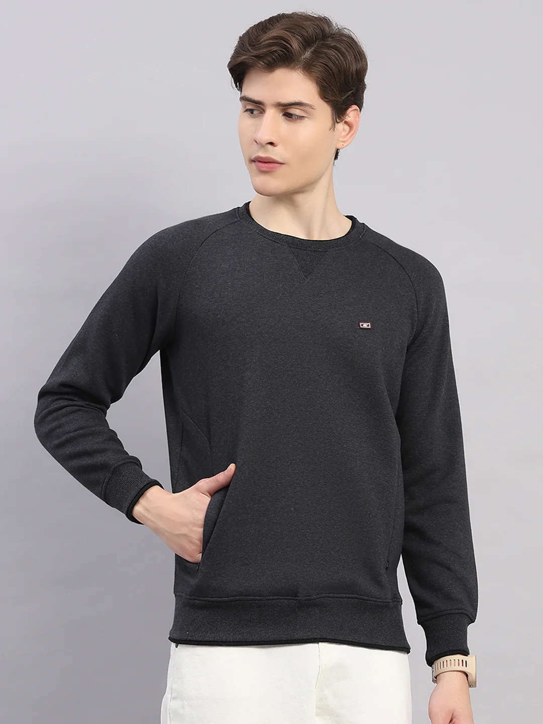 Men Grey Solid Round Neck Full Sleeve Sweatshirt