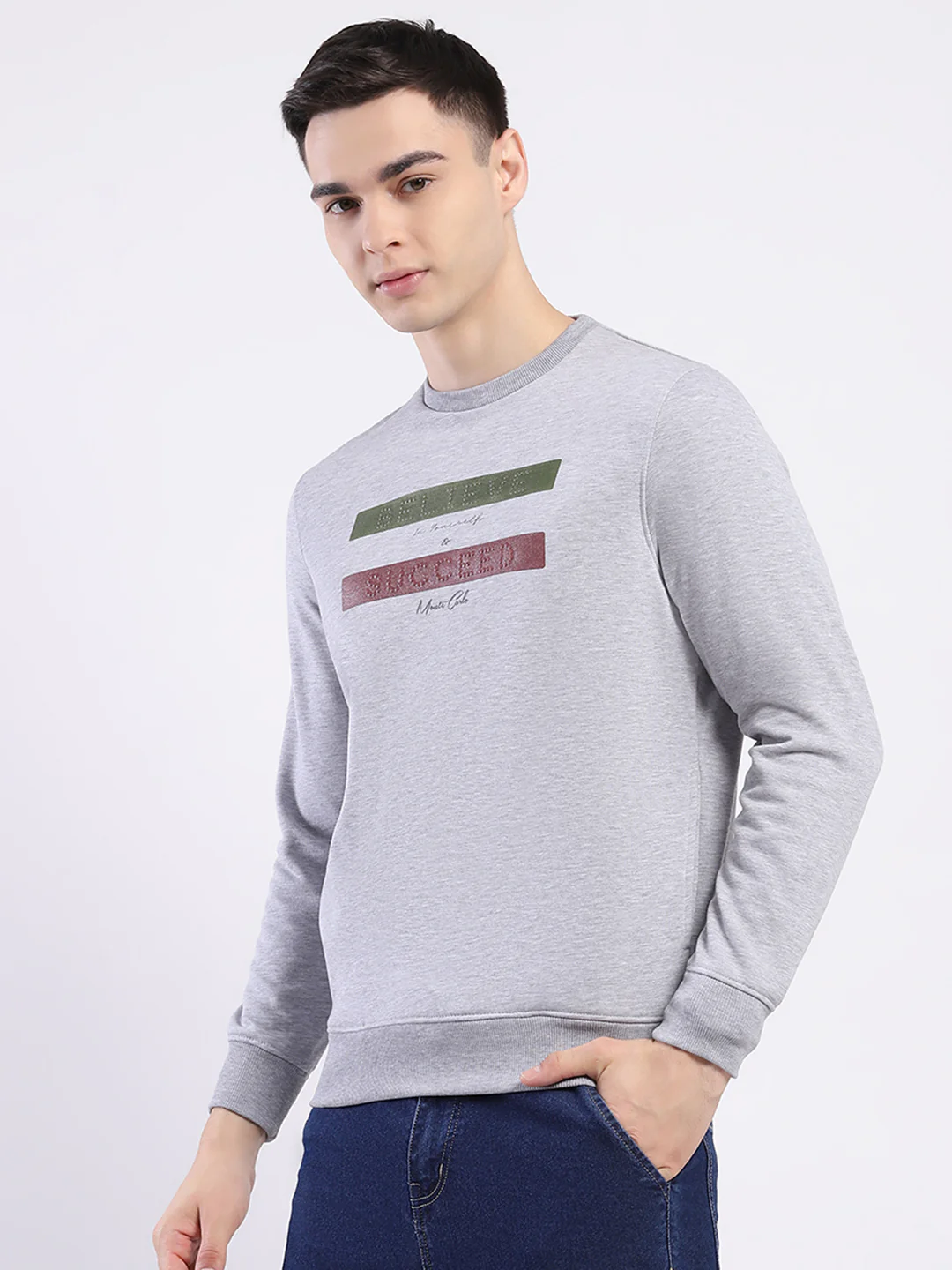 Men Grey Solid Round Neck Full Sleeve Sweatshirt - Image 3