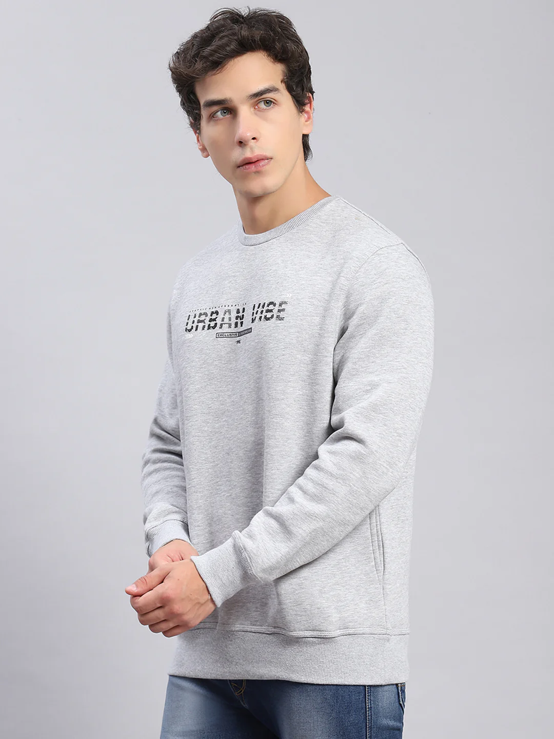 Men Grey Solid Round Neck Full Sleeve Sweatshirts - Image 3