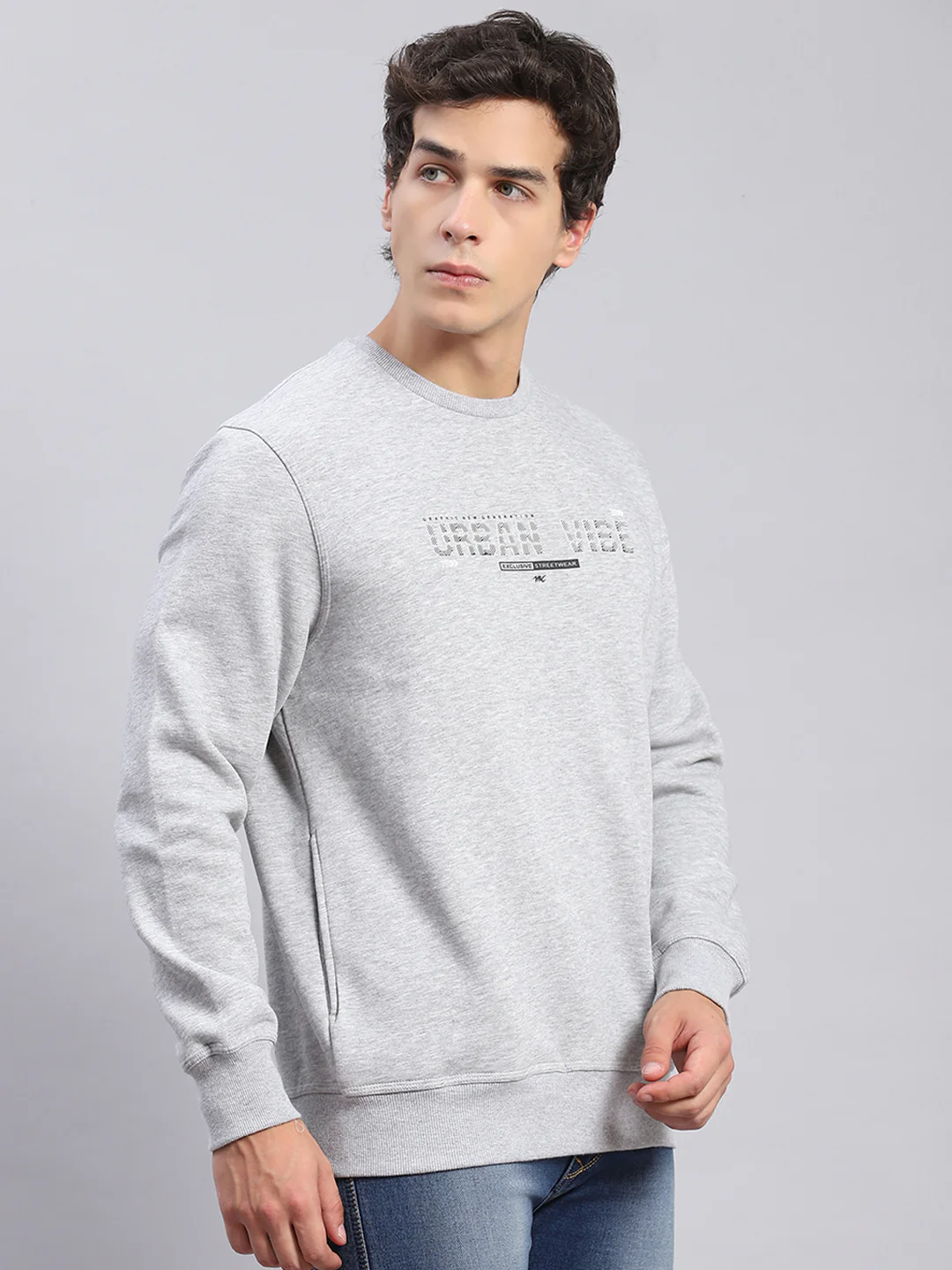 Men Grey Solid Round Neck Full Sleeve Sweatshirts - Image 4