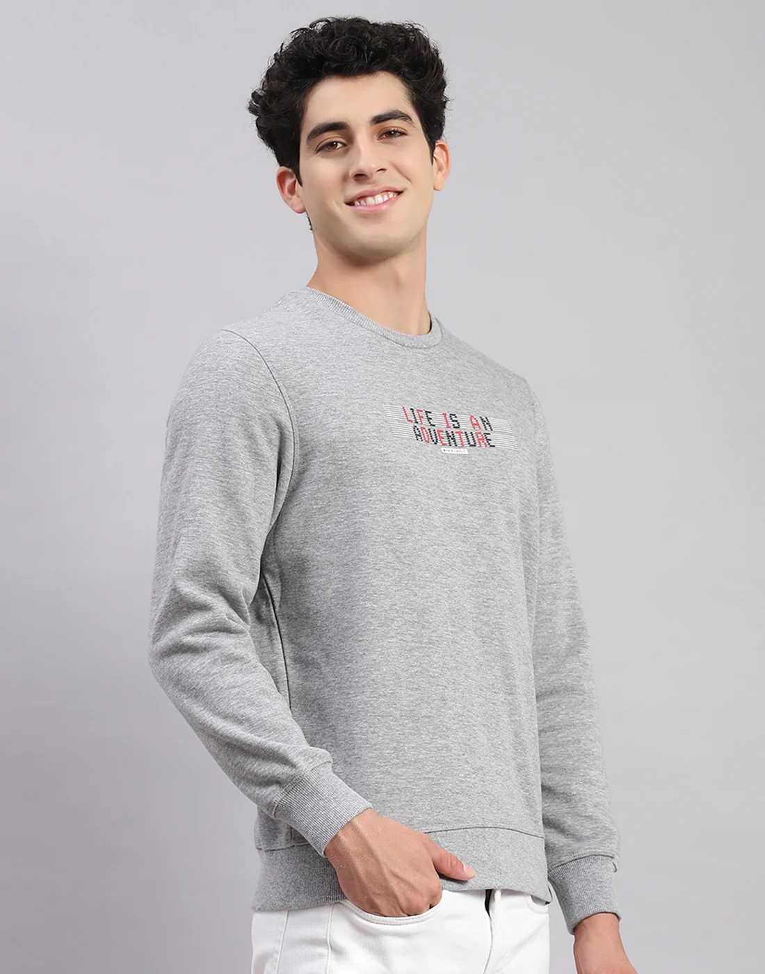 Men Grey Solid Round Neck Full Sleeve Sweatshirts - Image 5