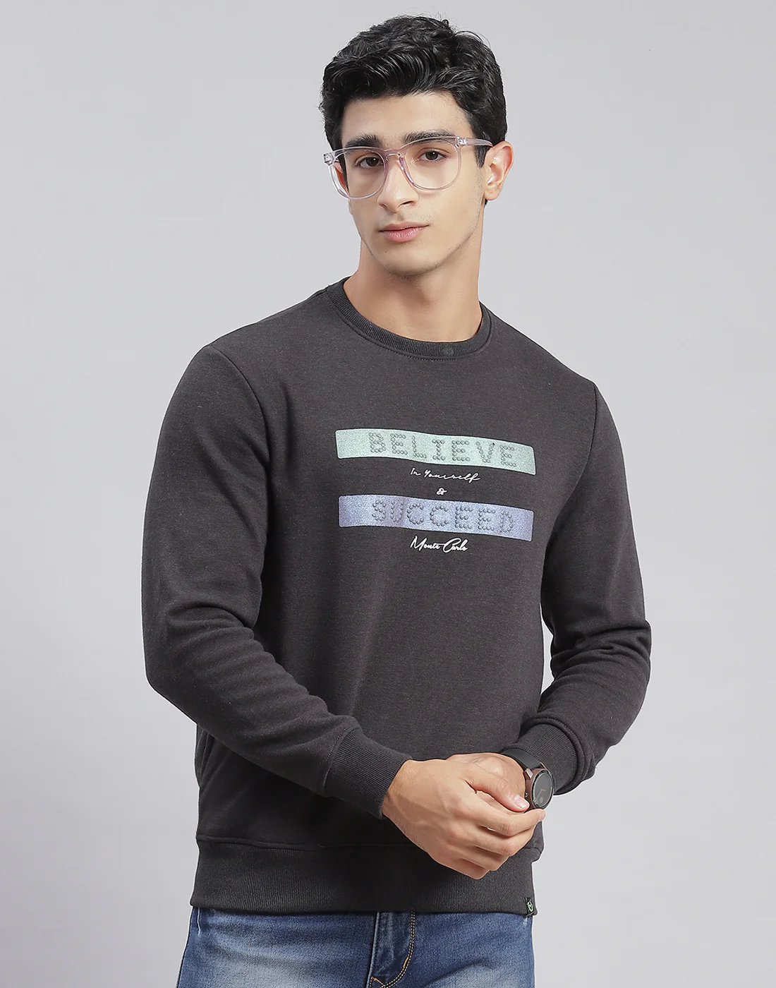Men Grey Solid Round Neck Full Sleeve Sweatshirts - Image 2
