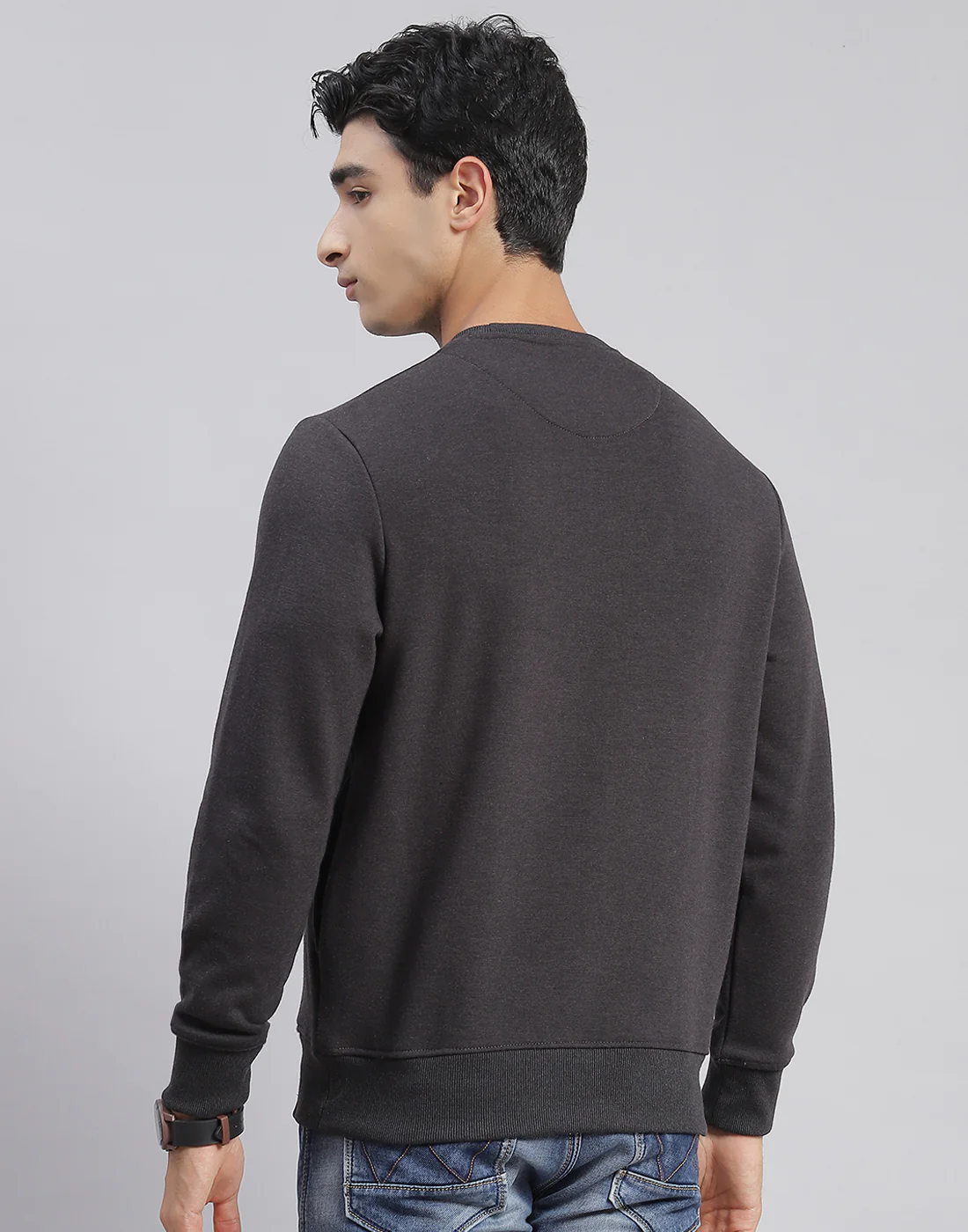 Men Grey Solid Round Neck Full Sleeve Sweatshirts - Image 5
