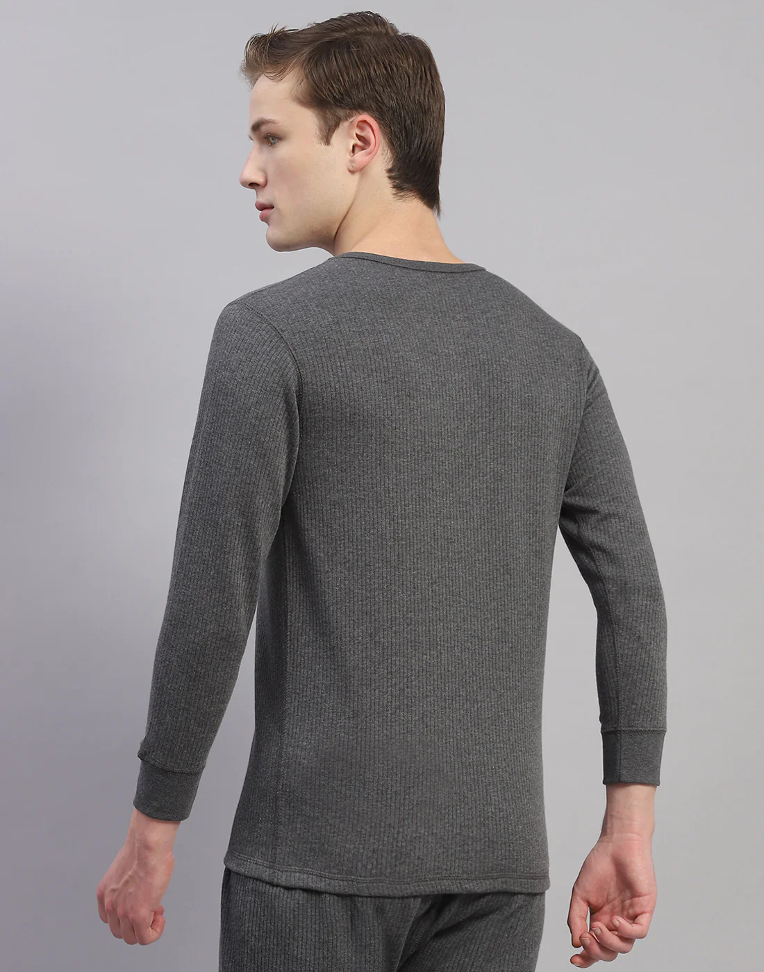 Men Grey Solid Round Neck Full Sleeve Thermal Vest - Image 5
