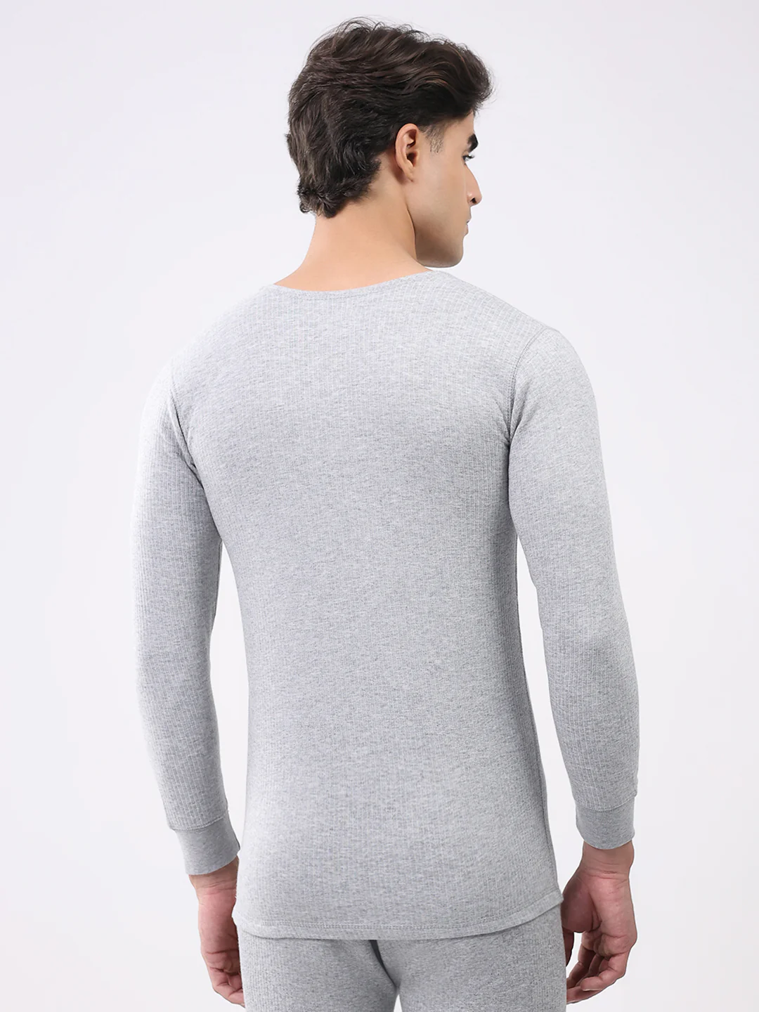 Men Grey Solid Round Neck Full Sleeve Thermal Vest - Image 5