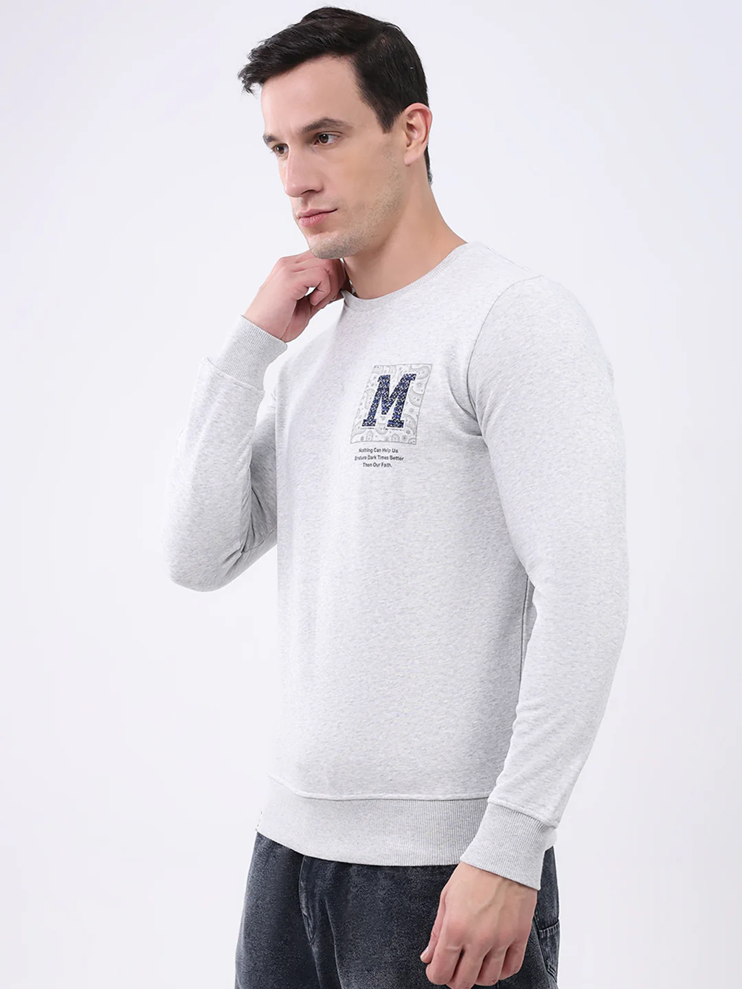 Men Grey Solid Round Neck Full Sleeve Winter T-Shirt - Image 3
