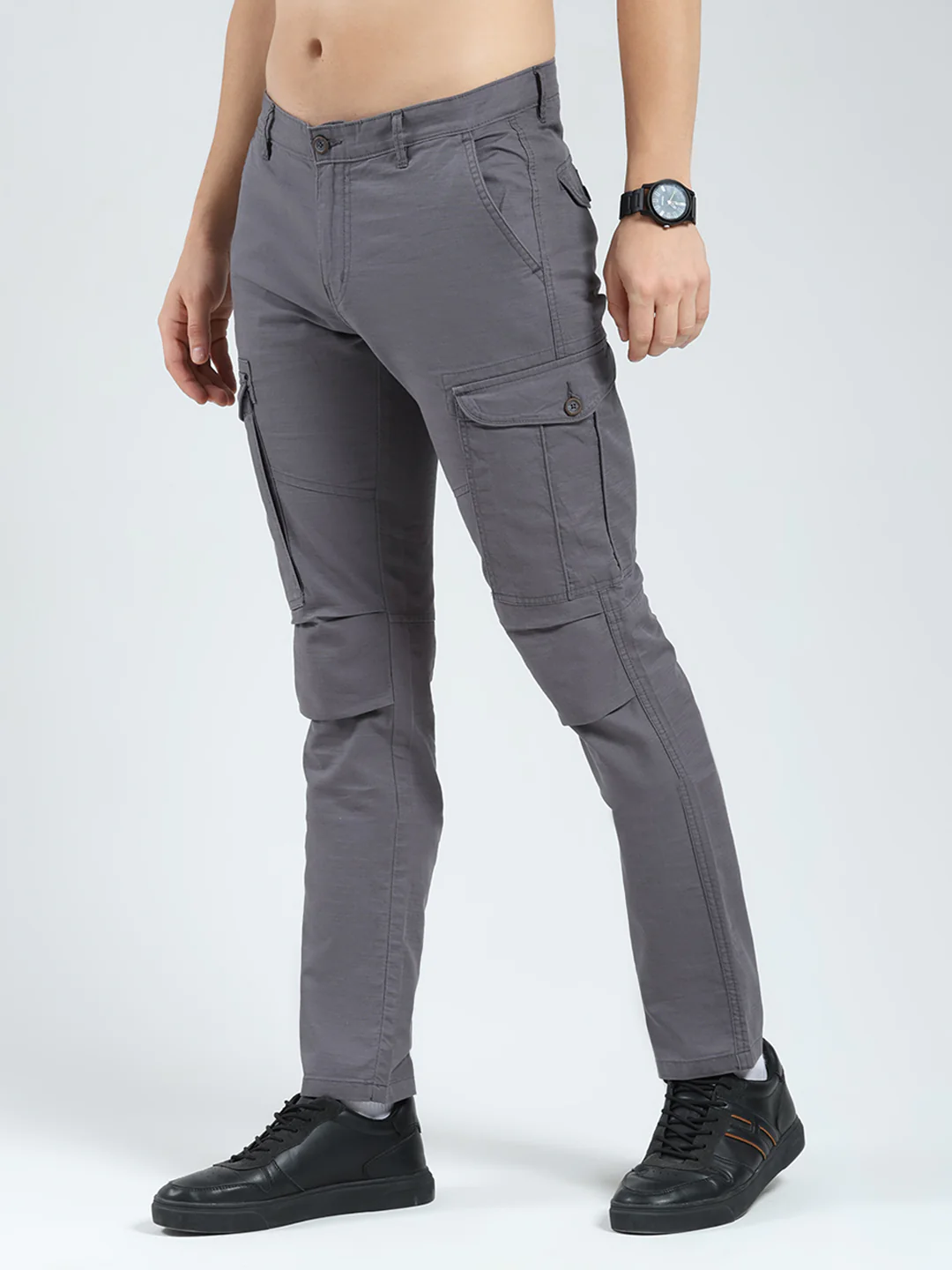 Men Grey Solid Slim Fit Cargo - Image 3