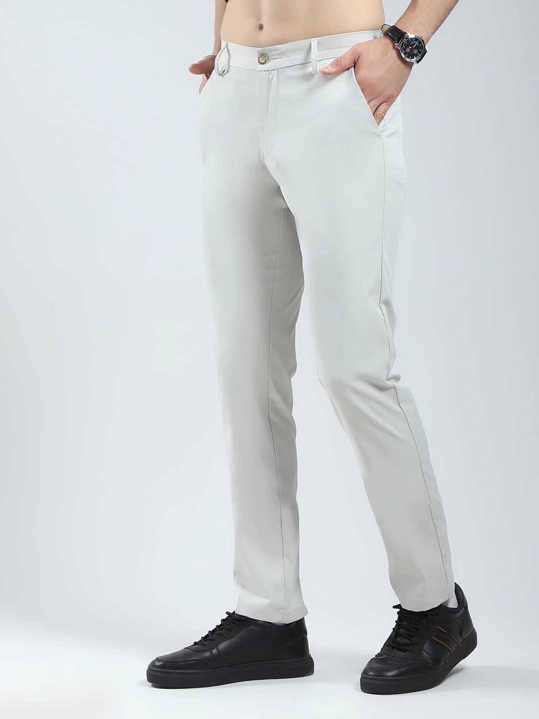 Men Grey Solid Slim Fit Trouser - Image 3