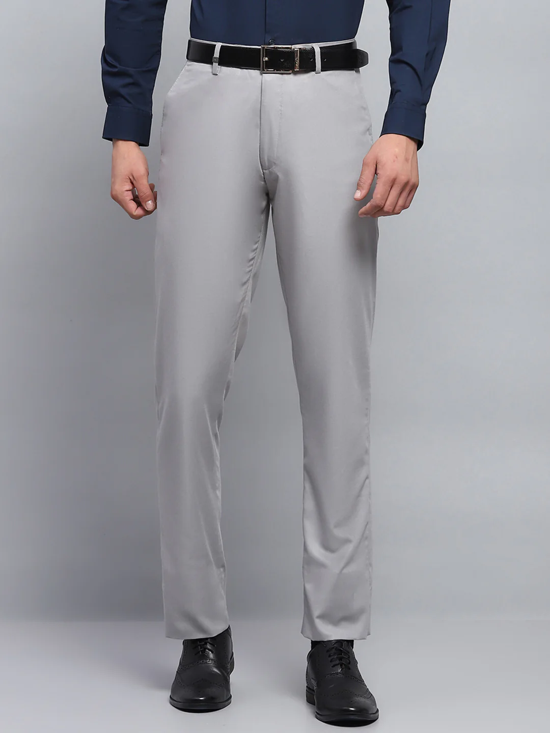 Men Grey Solid Smart Fit Trouser - Image 2