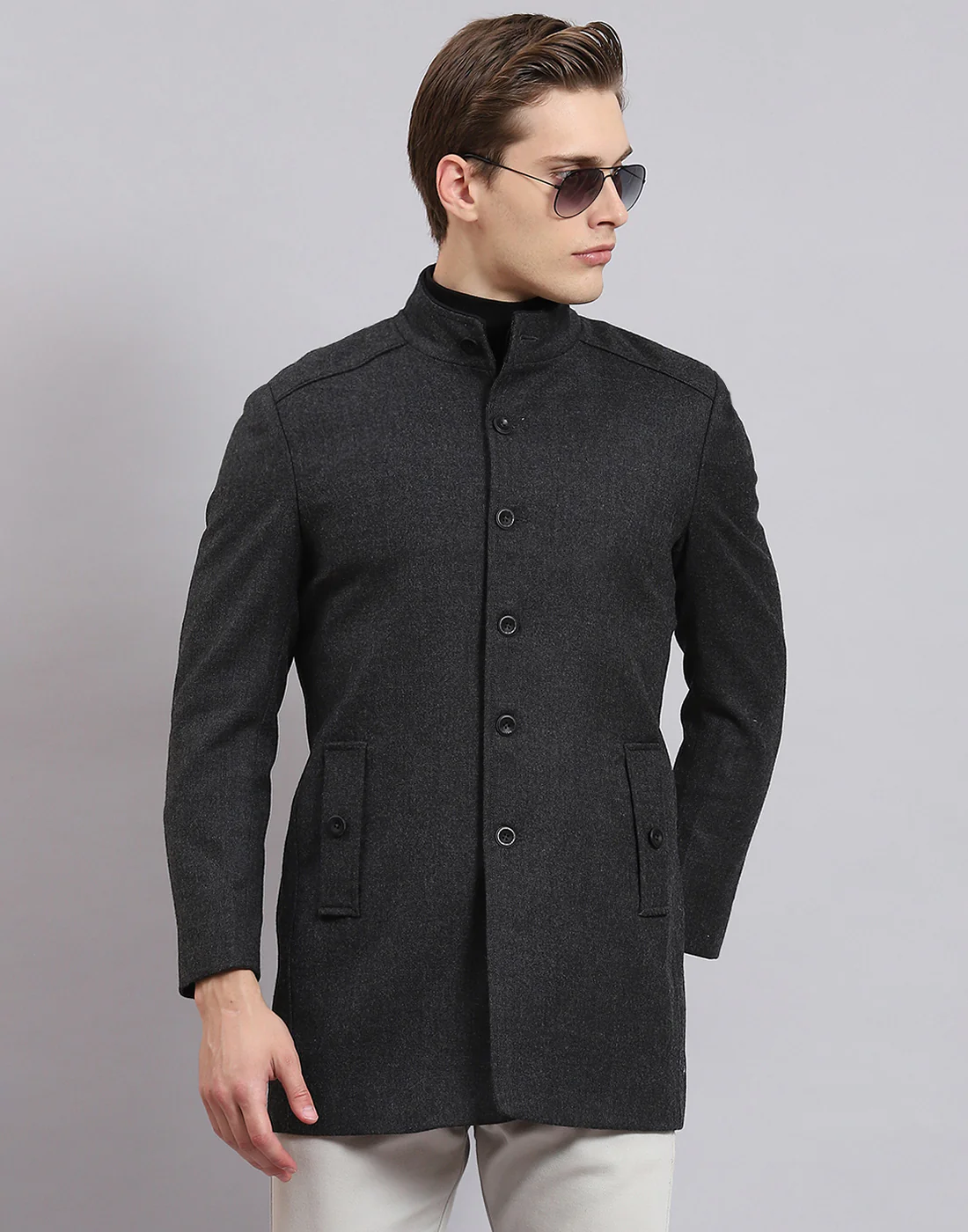 Men Grey Solid Stand Collar Full Sleeve Coat - Image 2