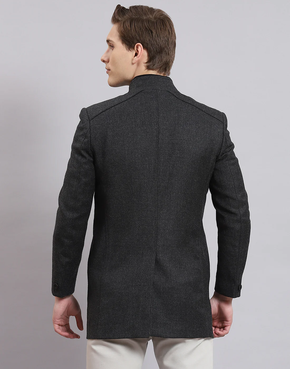 Men Grey Solid Stand Collar Full Sleeve Coat - Image 6